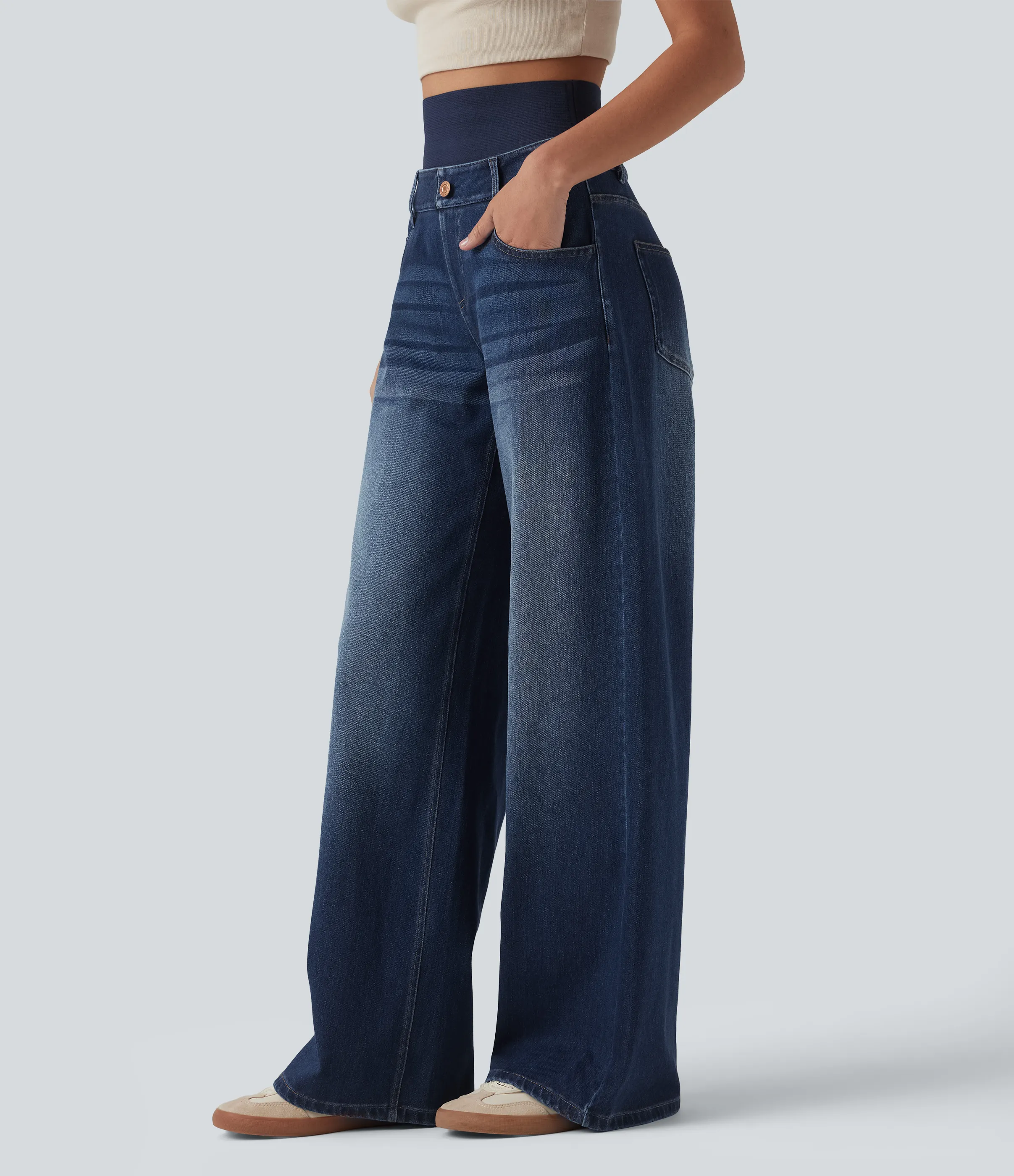 Halara Jeans casuales anchos Halara Flex™ lavados de tiro alto con control de abdomen con bolsillos - Pageant Blue Denim - XL(regular) sold by Halara product image thumbnail 4