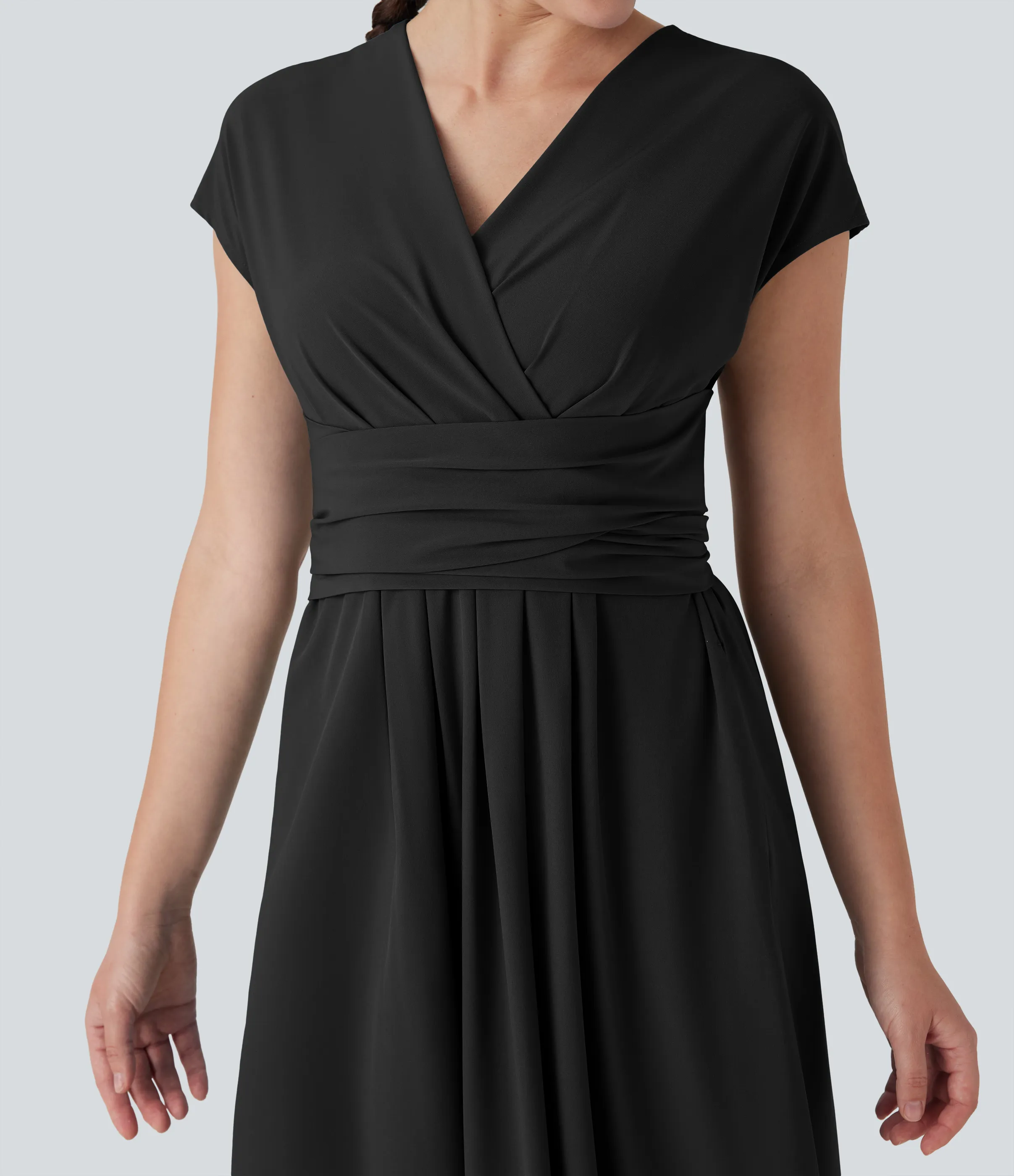 Halara Vestido casual midi Breezeful™ de secado rápido con cuello en V, manga corta, bolsillo lateral y lazo en la espalda - Black - XS sold by Halara product image thumbnail 5