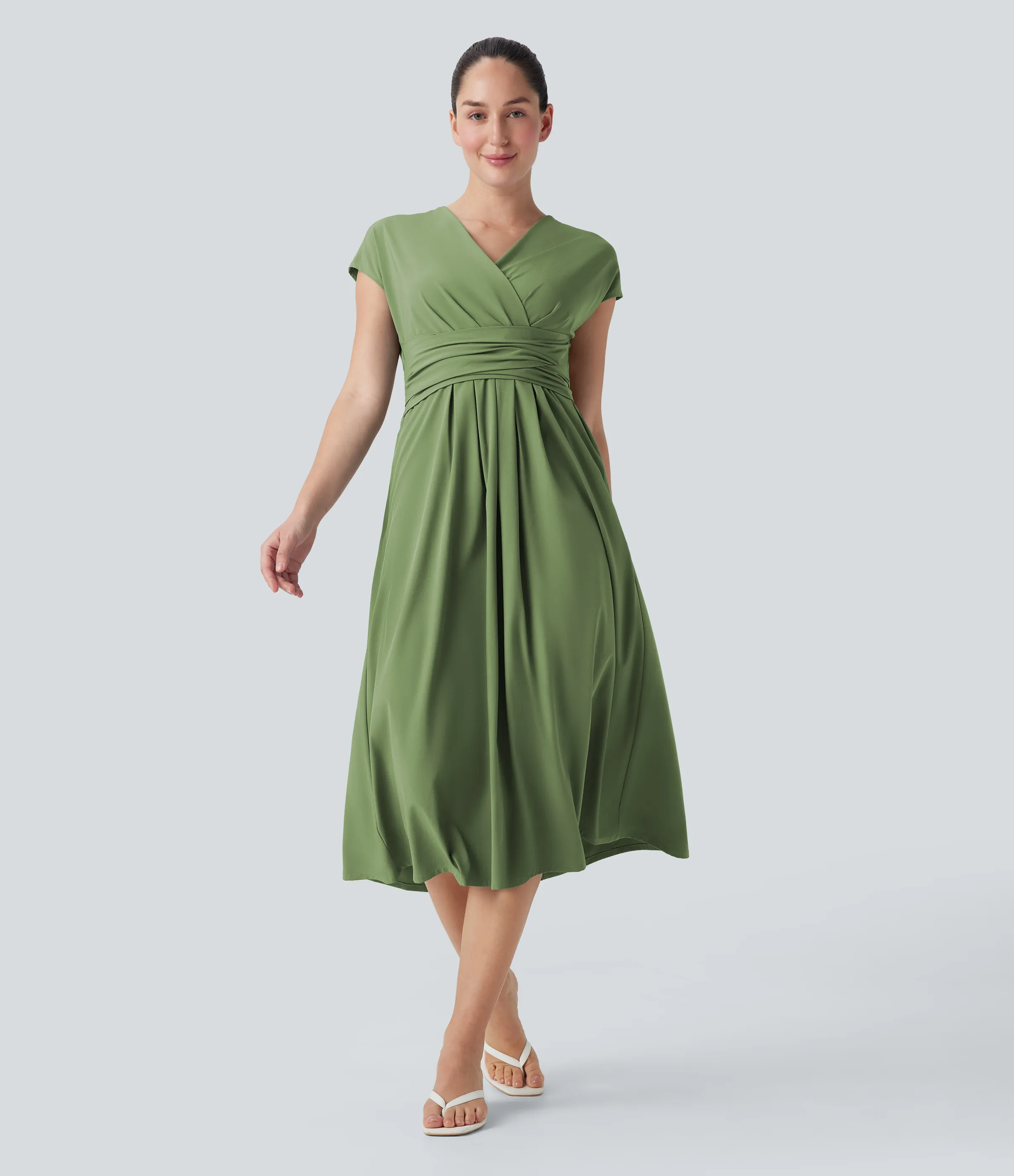 Halara Vestido casual midi Breezeful™ de secado rápido con cuello en V, manga corta, bolsillo lateral y lazo en la espalda - Hot Wasabi - Green - S sold by Halara product image thumbnail 2