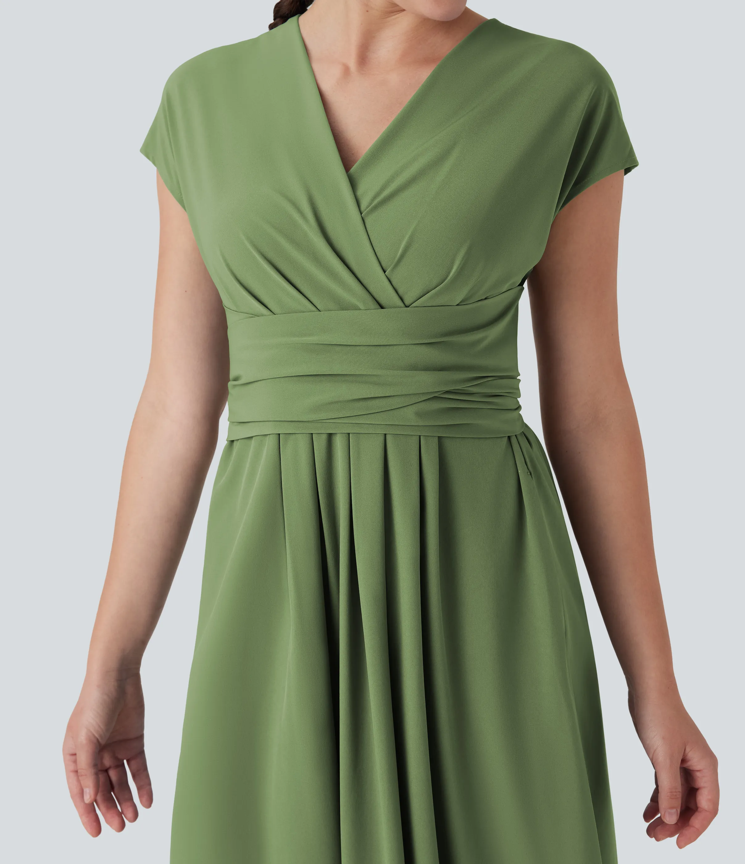 Halara Vestido casual midi Breezeful™ de secado rápido con cuello en V, manga corta, bolsillo lateral y lazo en la espalda - Hot Wasabi - Green - S sold by Halara product image thumbnail 5