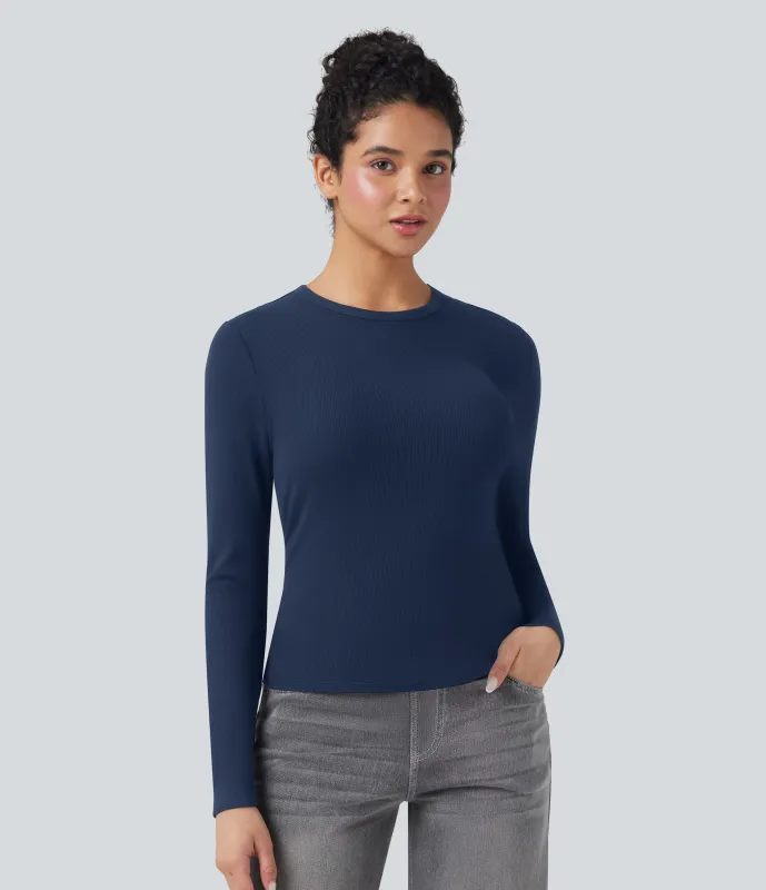 Halara Top casual de manga larga con cuello redondo y punto acanalado - Assad Dark Blue - XS sold by Halara