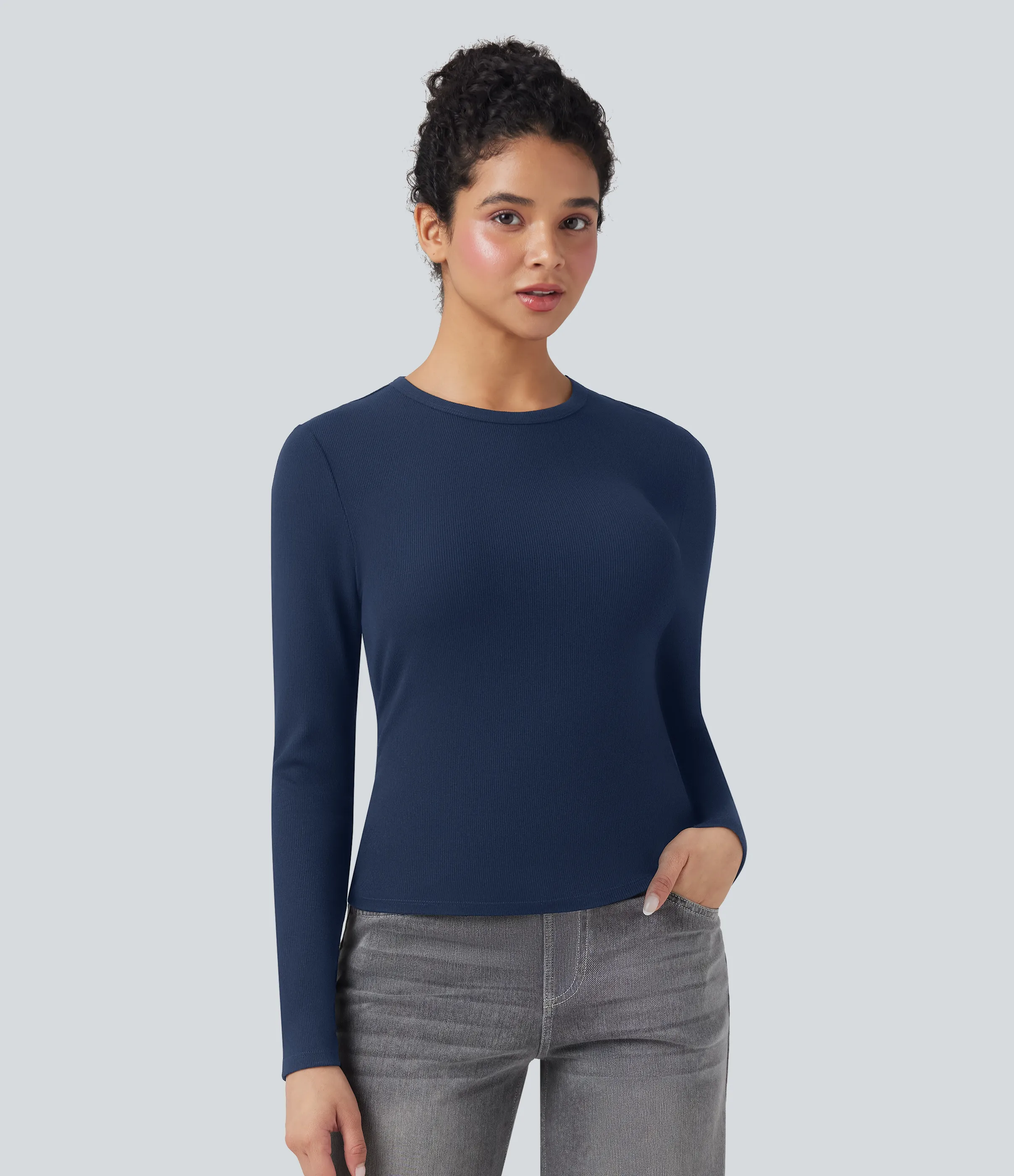 Halara Top casual de manga larga con cuello redondo y punto acanalado - Assad Dark Blue - XS sold by Halara