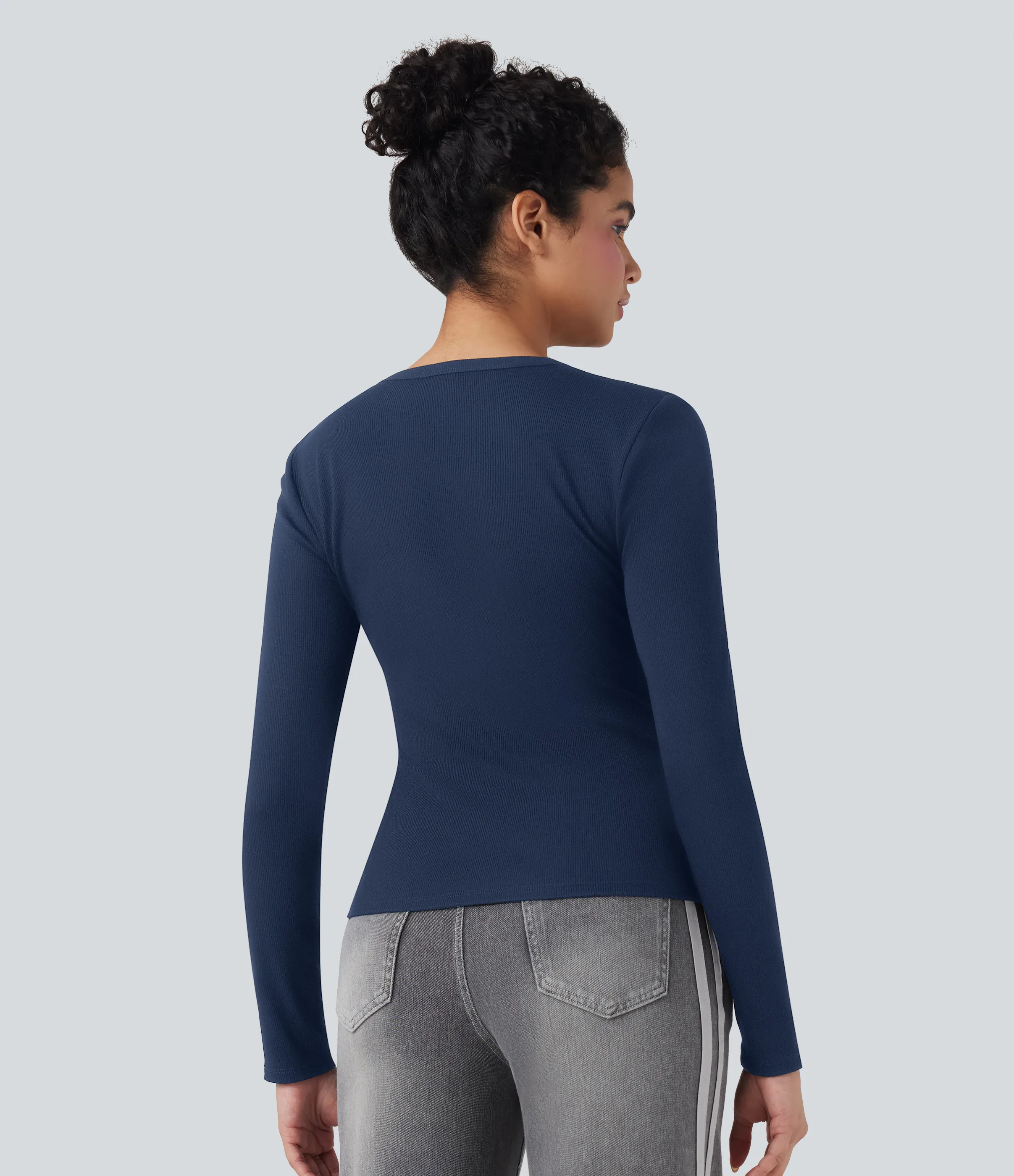 Halara Top casual de manga larga con cuello redondo y punto acanalado - Assad Dark Blue - XS sold by Halara product image thumbnail 3