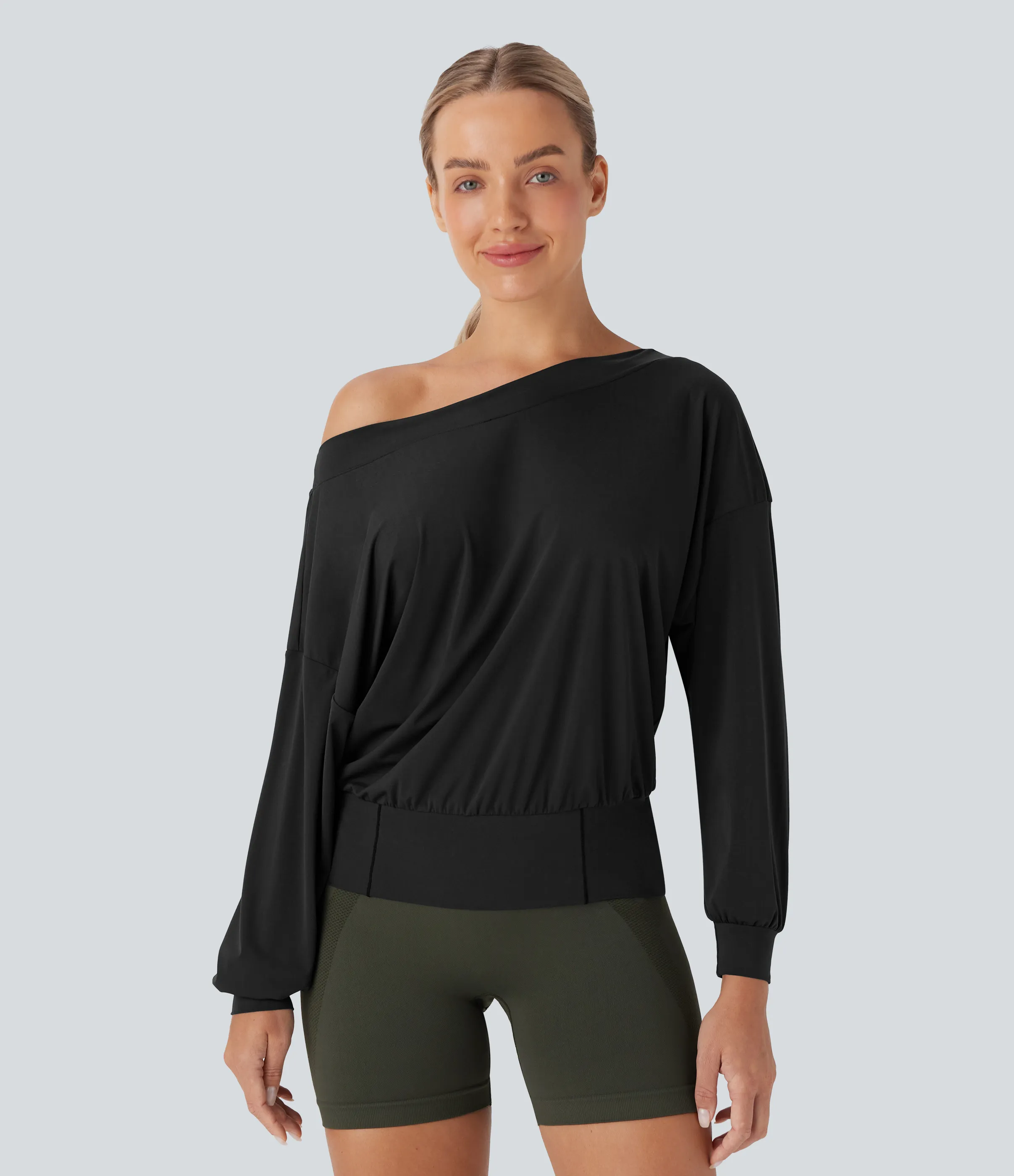 Halara Top deportivo de yoga oversize de secado rápido con hombro descubierto y tacto fresco - Black - L sold by Halara