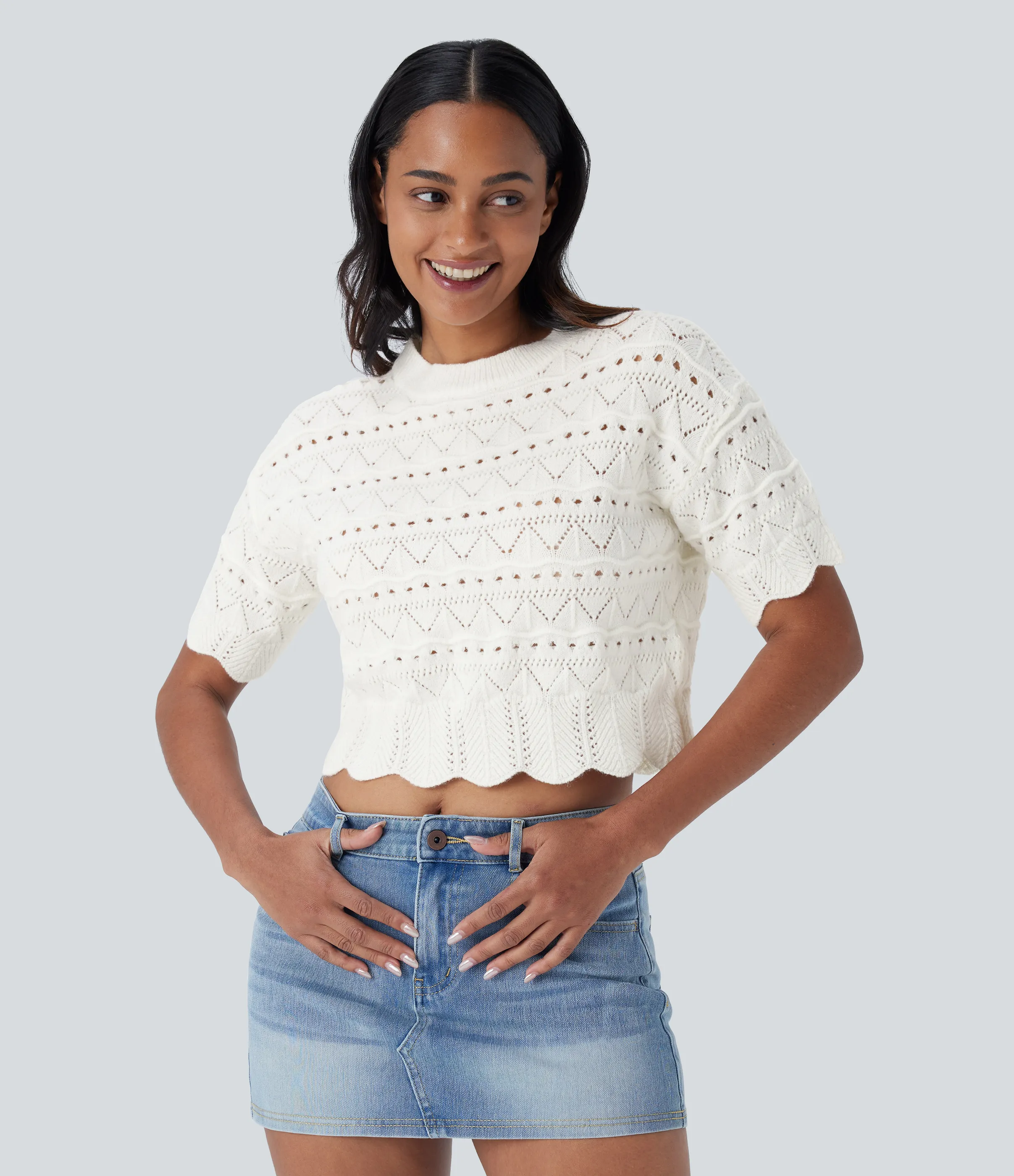 Halara Suéter abierto dobladillo festoneado manga corta cuello redondo - White - XL sold by Halara product image thumbnail 2