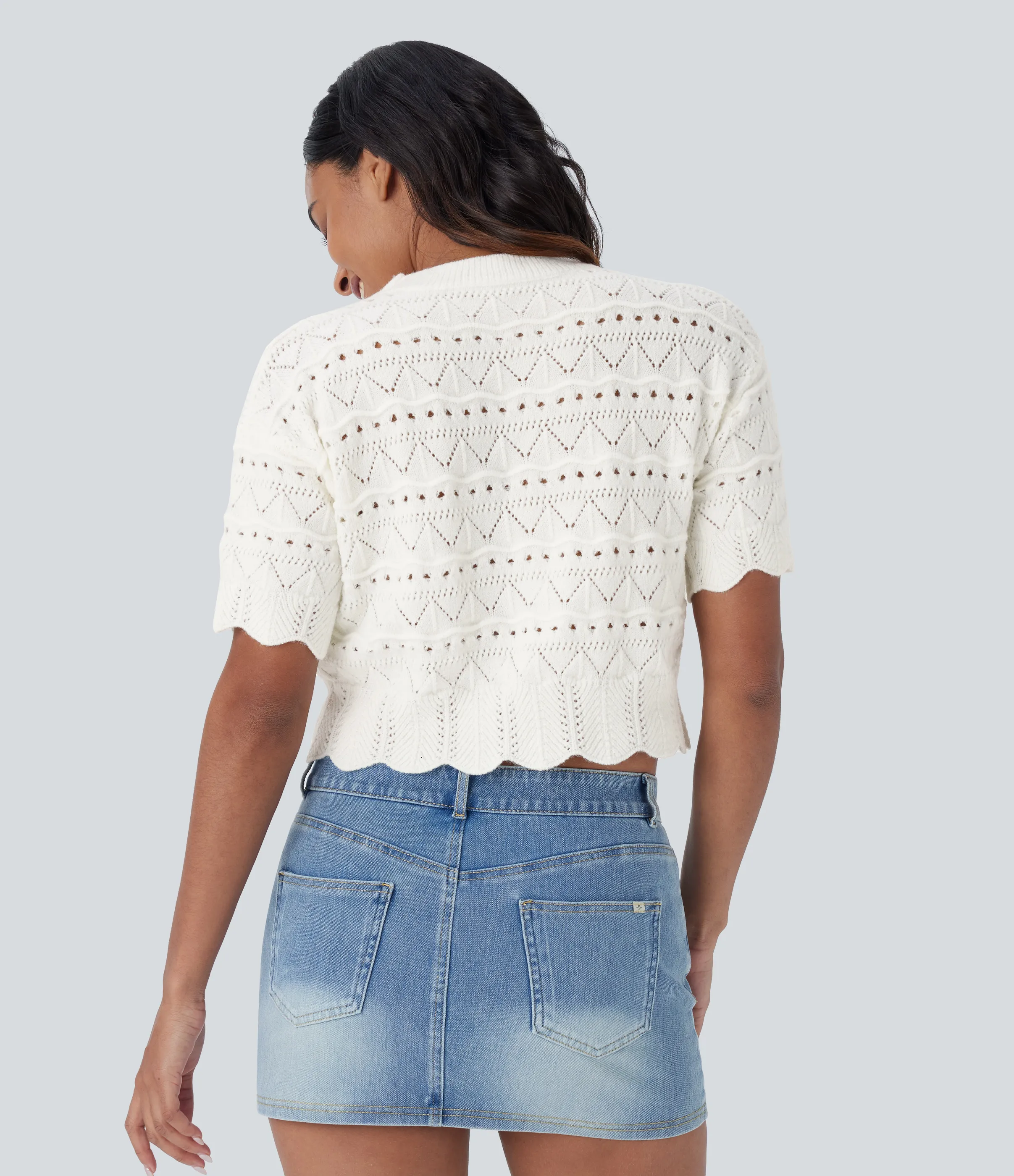 Halara Suéter abierto dobladillo festoneado manga corta cuello redondo - White - XL sold by Halara product image thumbnail 3