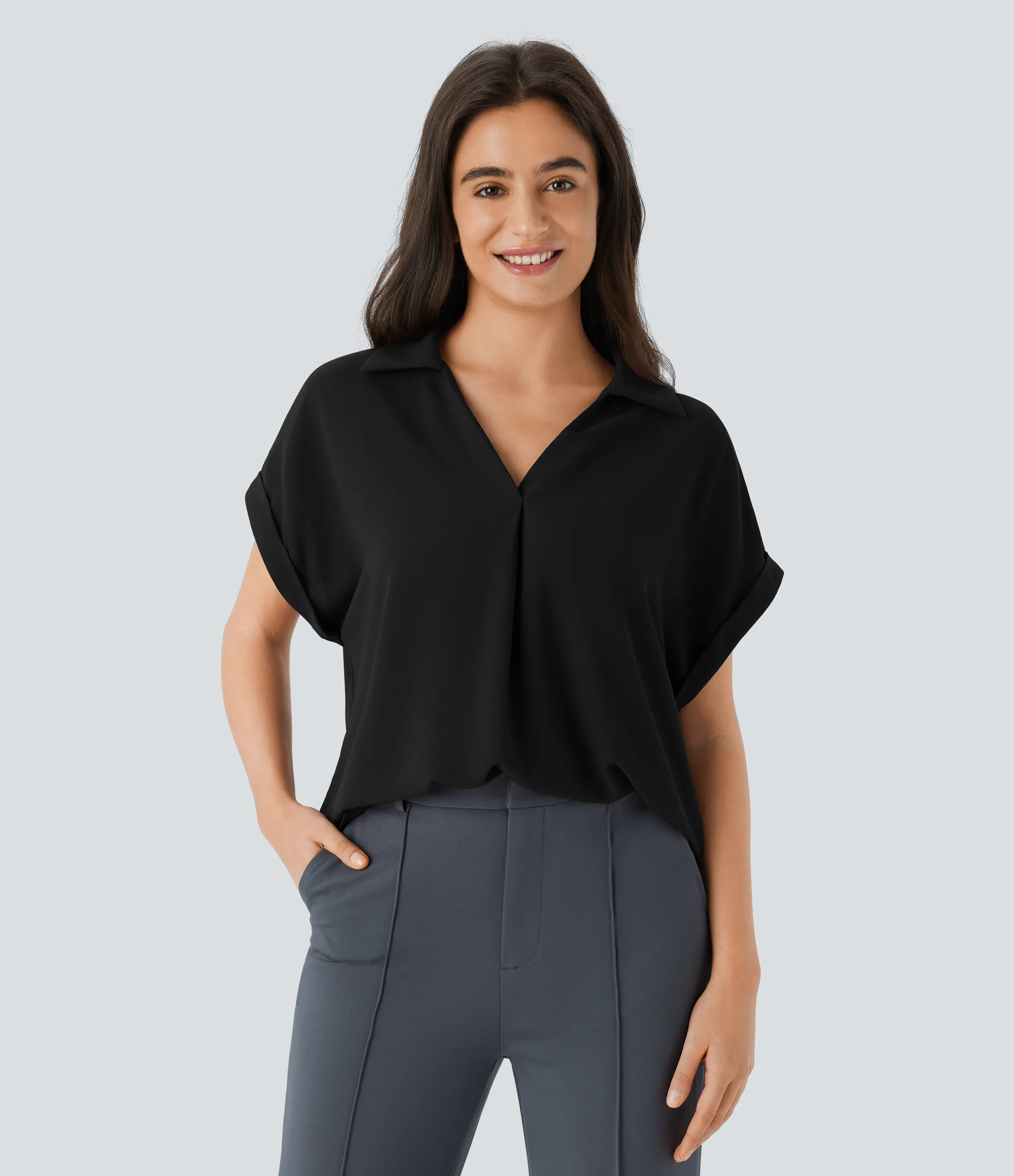 Halara Camisa oficina cuello V manga corta dobladillo curvo - Black - S sold by Halara