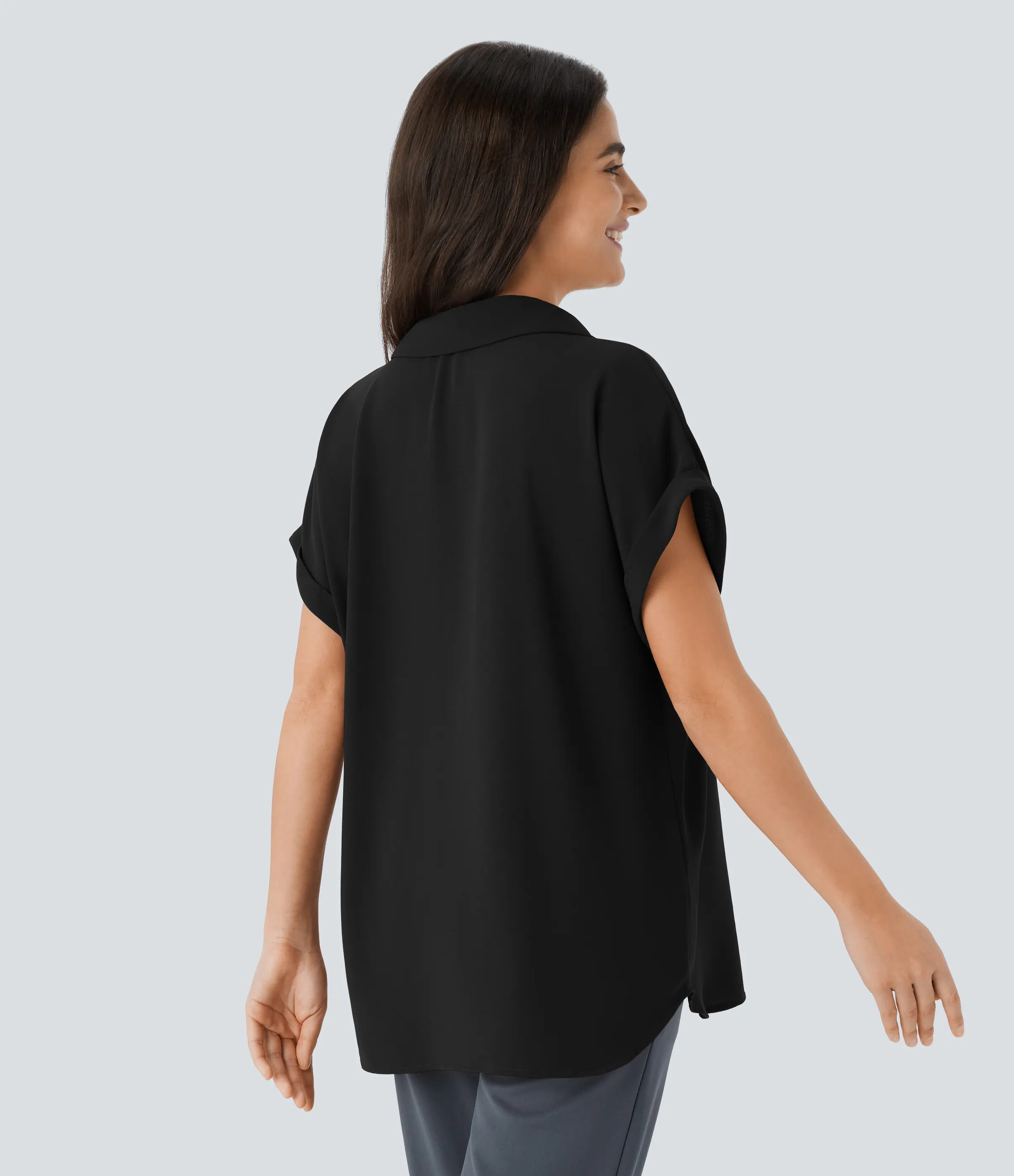 Halara Camisa oficina cuello V manga corta dobladillo curvo - Black - S sold by Halara product image thumbnail 3