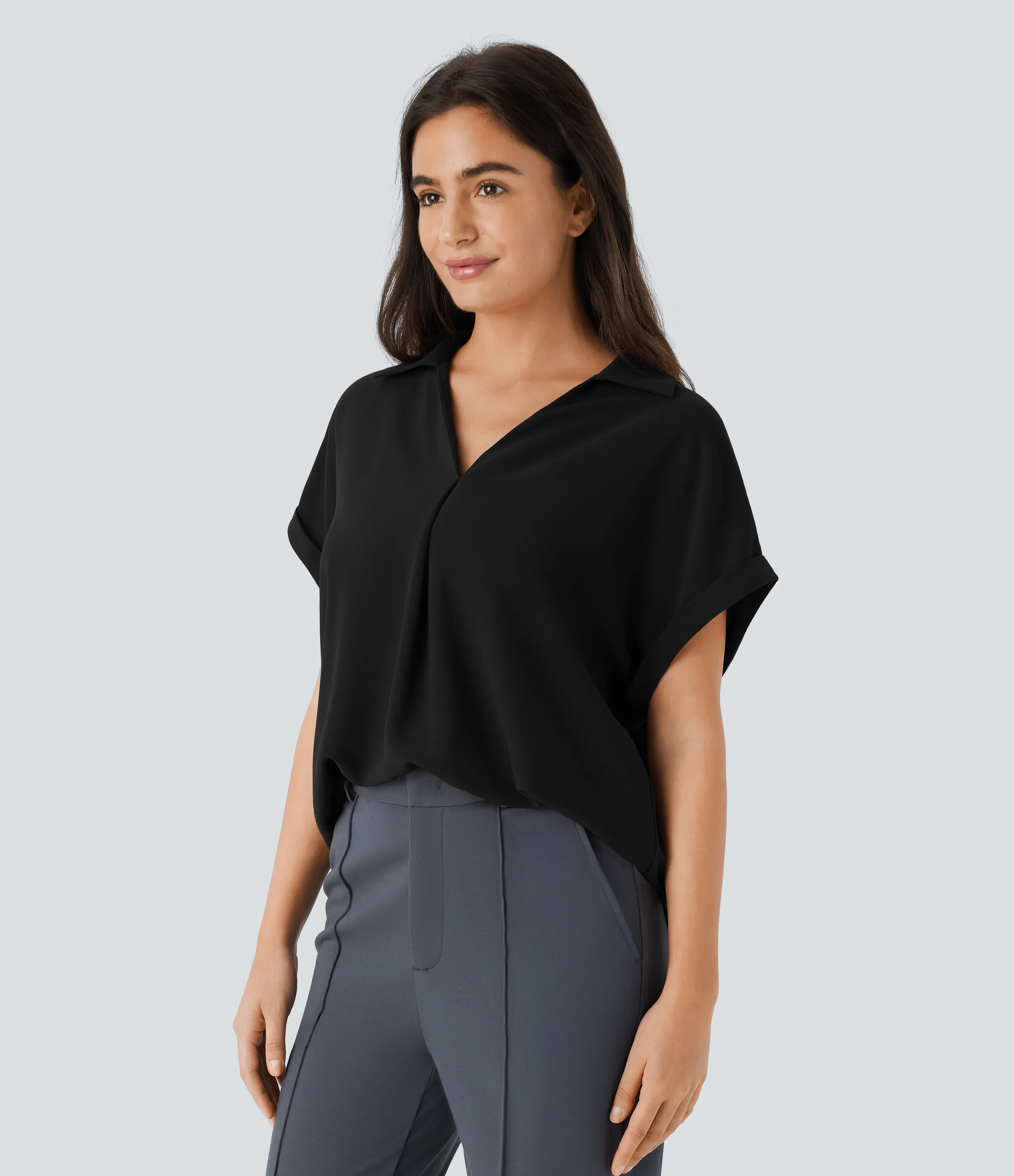 Halara Camisa oficina cuello V manga corta dobladillo curvo - Black - S sold by Halara product image thumbnail 4