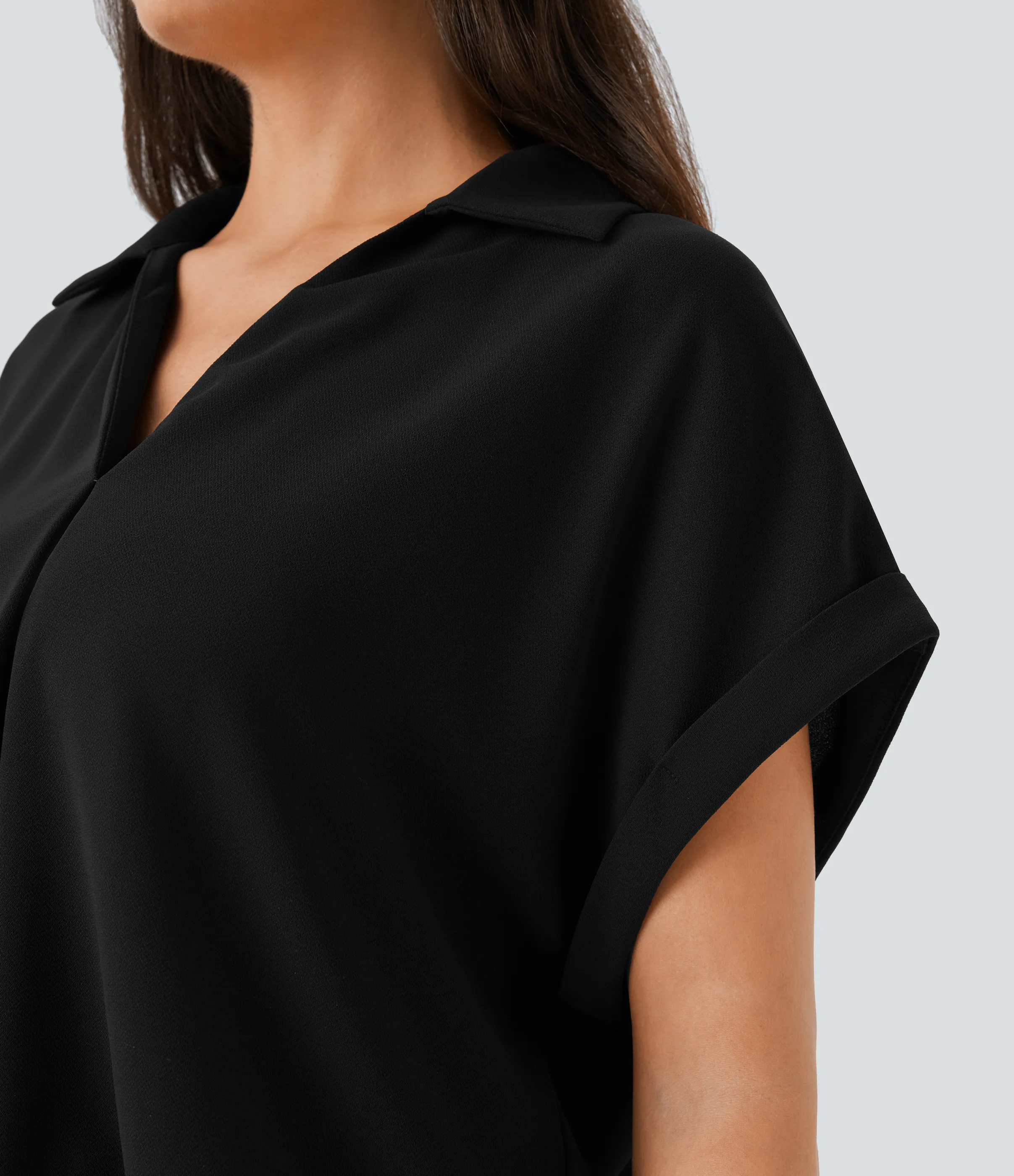 Halara Camisa oficina cuello V manga corta dobladillo curvo - Black - S sold by Halara product image thumbnail 5