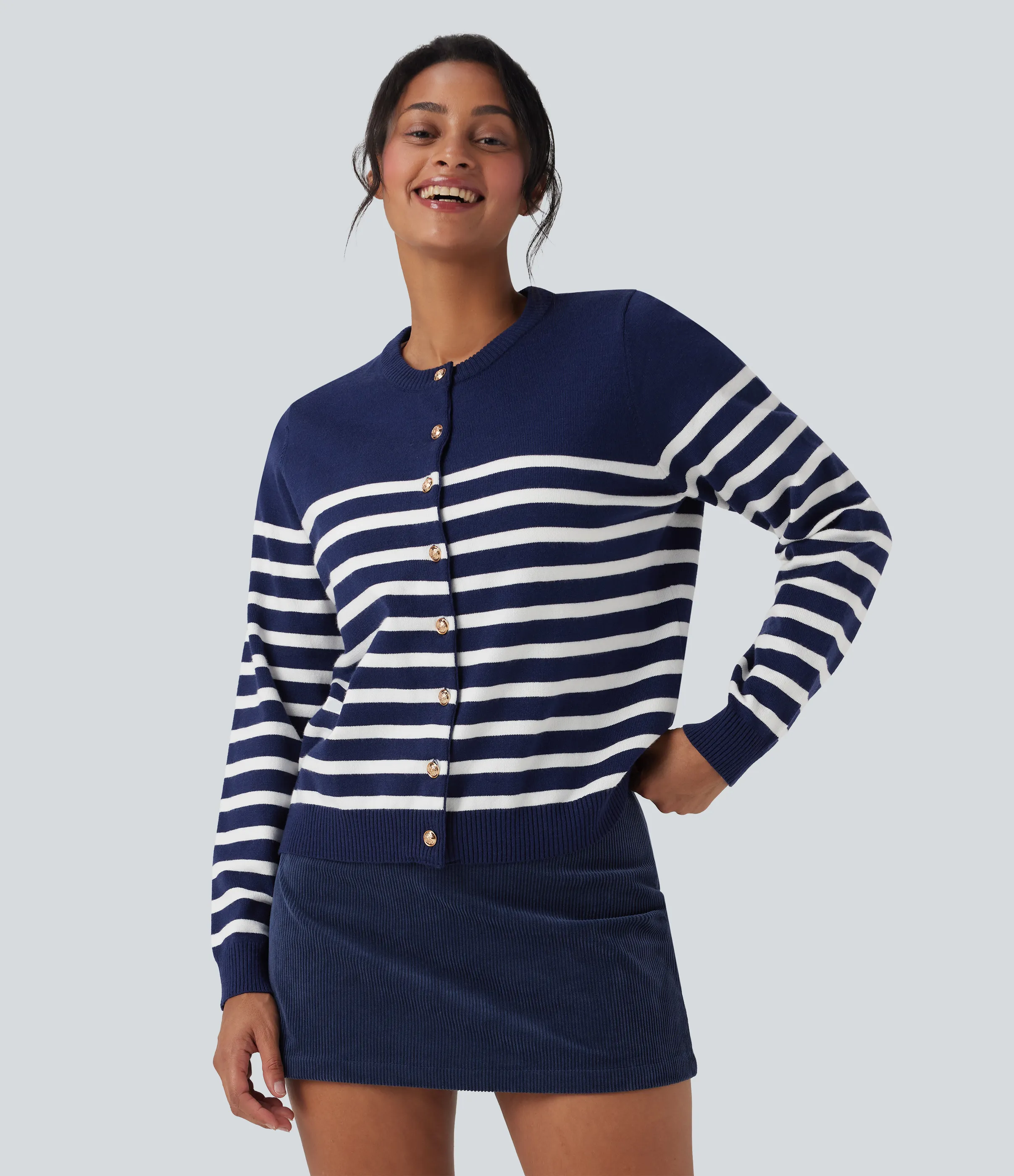 Halara Cárdigan de trabajo a rayas con bloques de color - Blue White Horizontal Stripe - XS sold by Halara