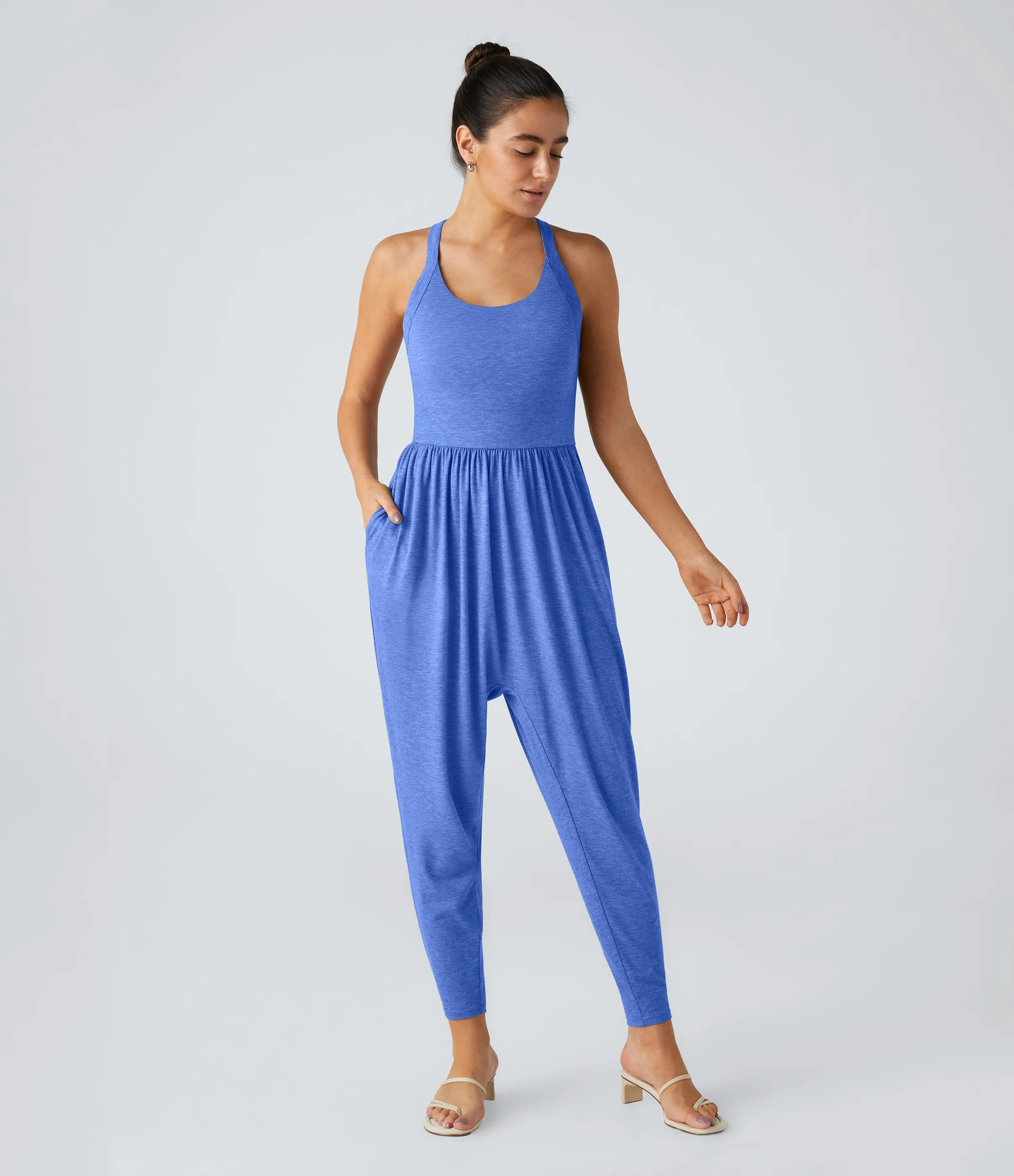 Halara Mono harén bolsillo lateral cuello U torcido sin espalda - Sky Blue Floral Yarn - XS(regular) sold by Halara product image thumbnail 3