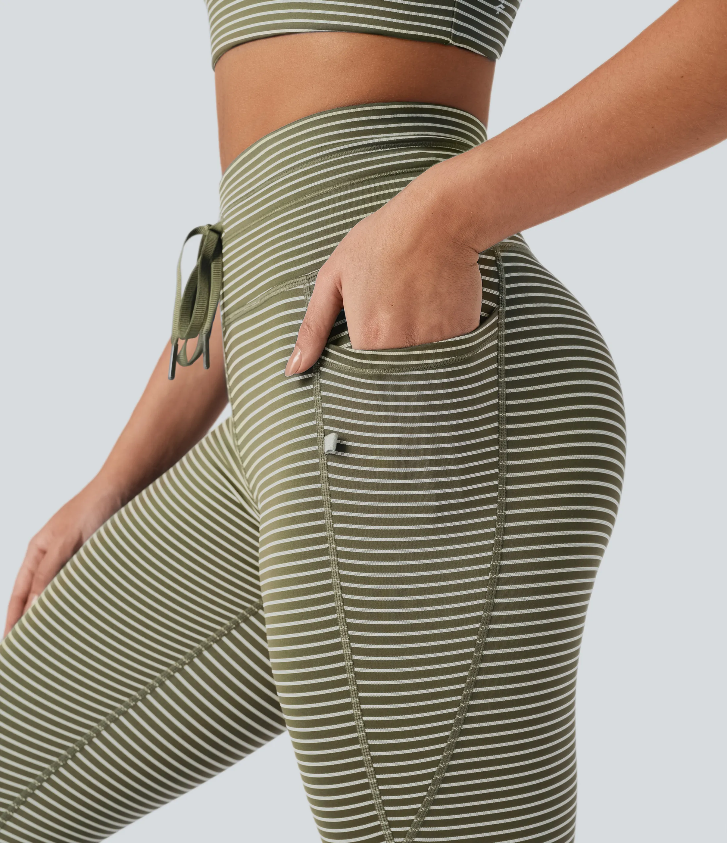 Halara Leggings de yoga de tiro alto a rayas con cordón y bolsillos - Camo Olive Green - L(7/8) sold by Halara product image thumbnail 5