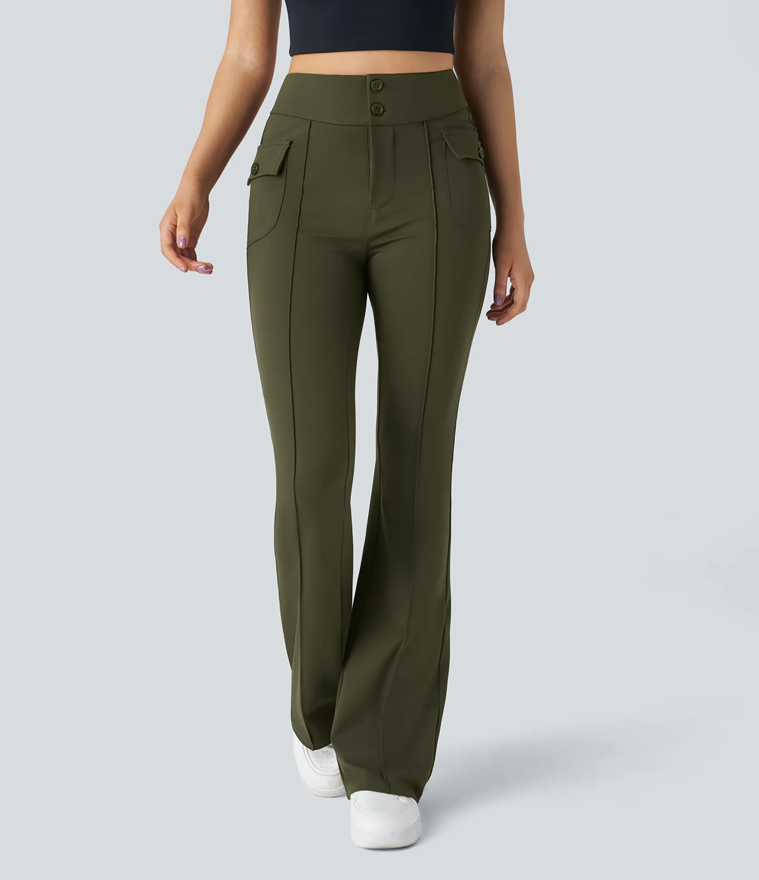 Halara Pantalón cargo acampanado bolsillo solapa lateral botón tiro alto - Forest Night - L(regular) sold by Halara product image thumbnail 4