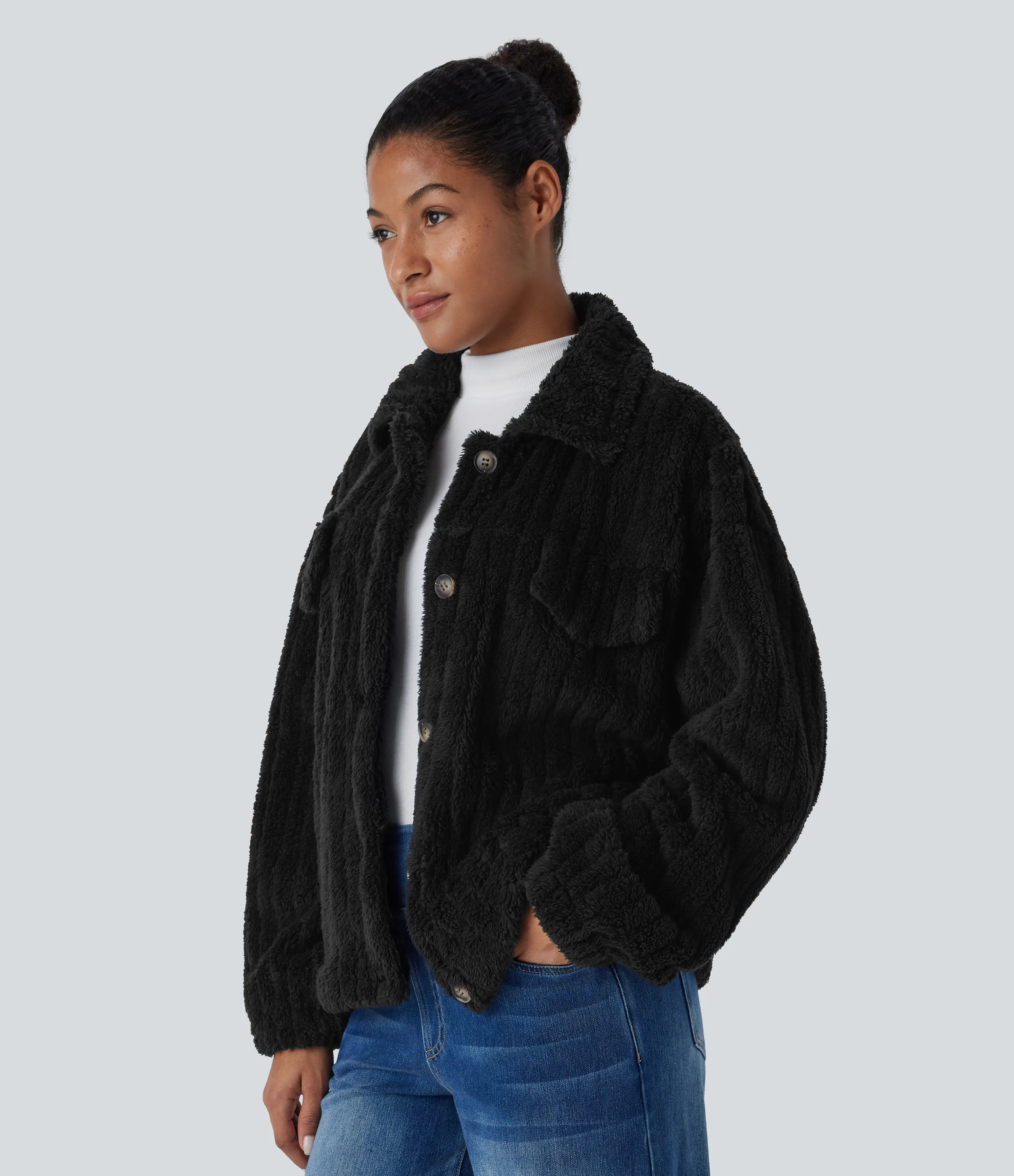 Halara Chaqueta sherpa cuello botón manga larga - Black - M sold by Halara product image thumbnail 4