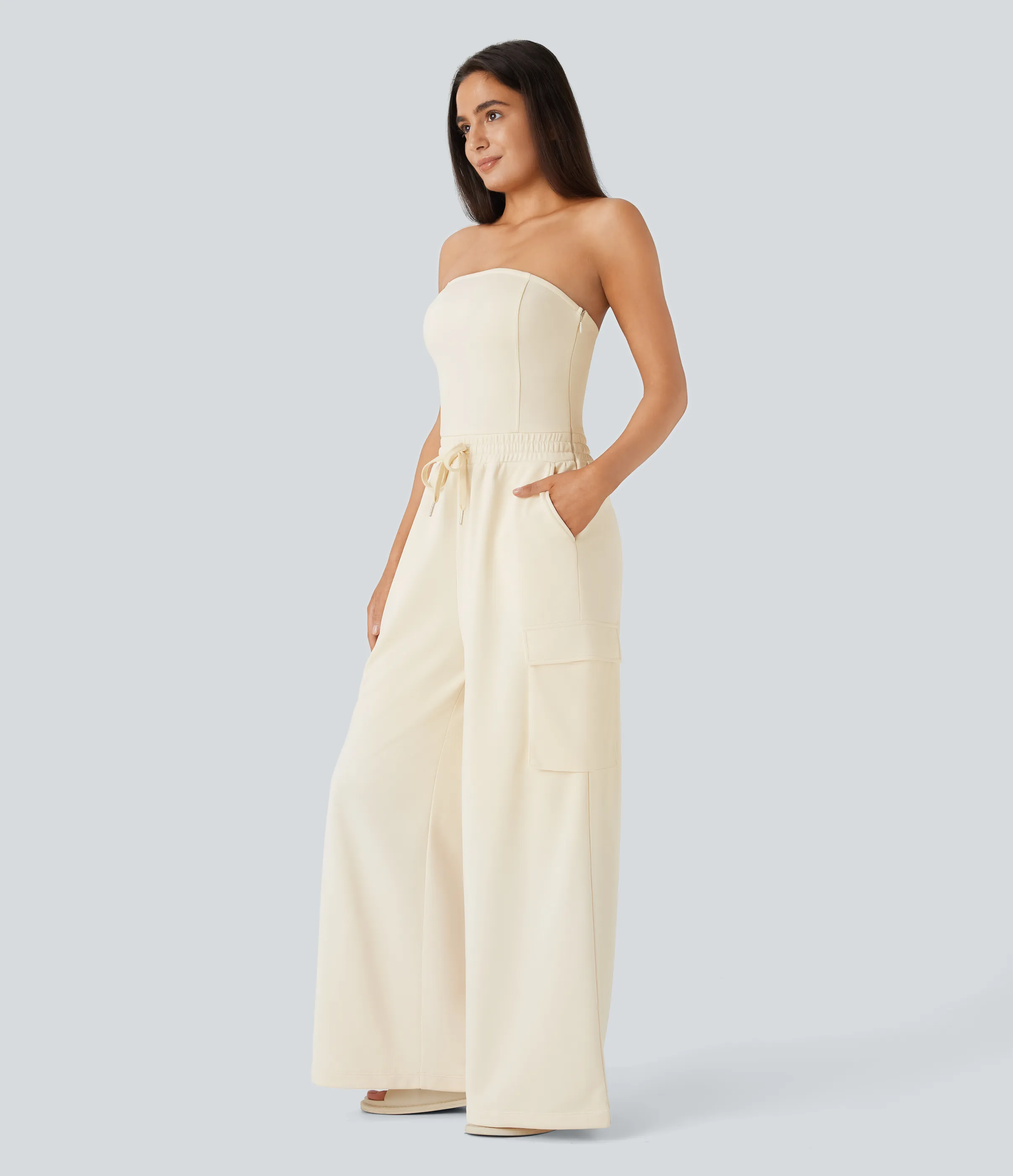 Halara Mono cargo pierna ancha múltiple bolsillo cremallera invisible cordón sin espalda - Antique White - XL(regular) sold by Halara product image thumbnail 4