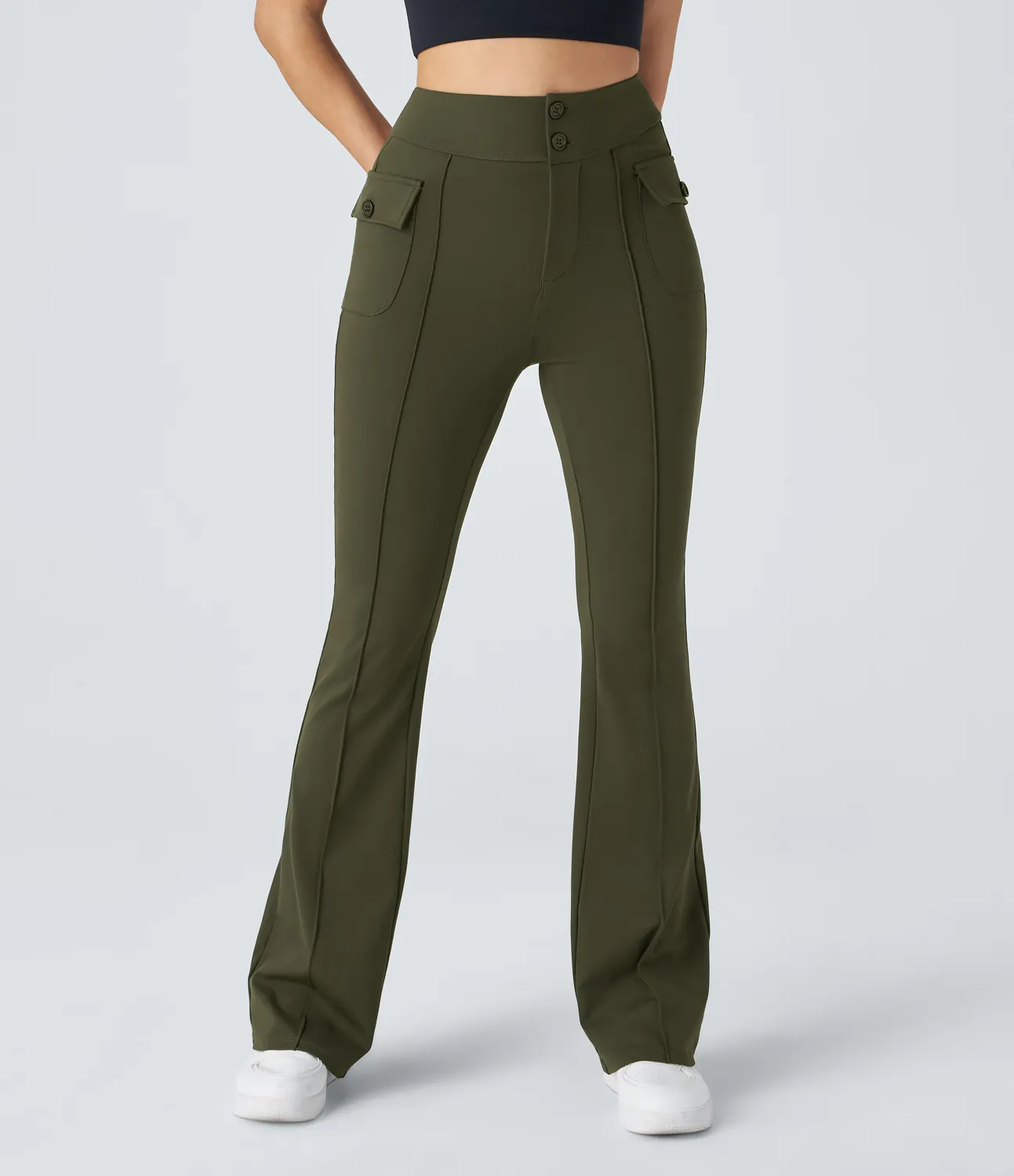 Halara Pantalón cargo acampanado bolsillo solapa lateral botón tiro alto - Forest Night - XS(petite) sold by Halara product image thumbnail 5