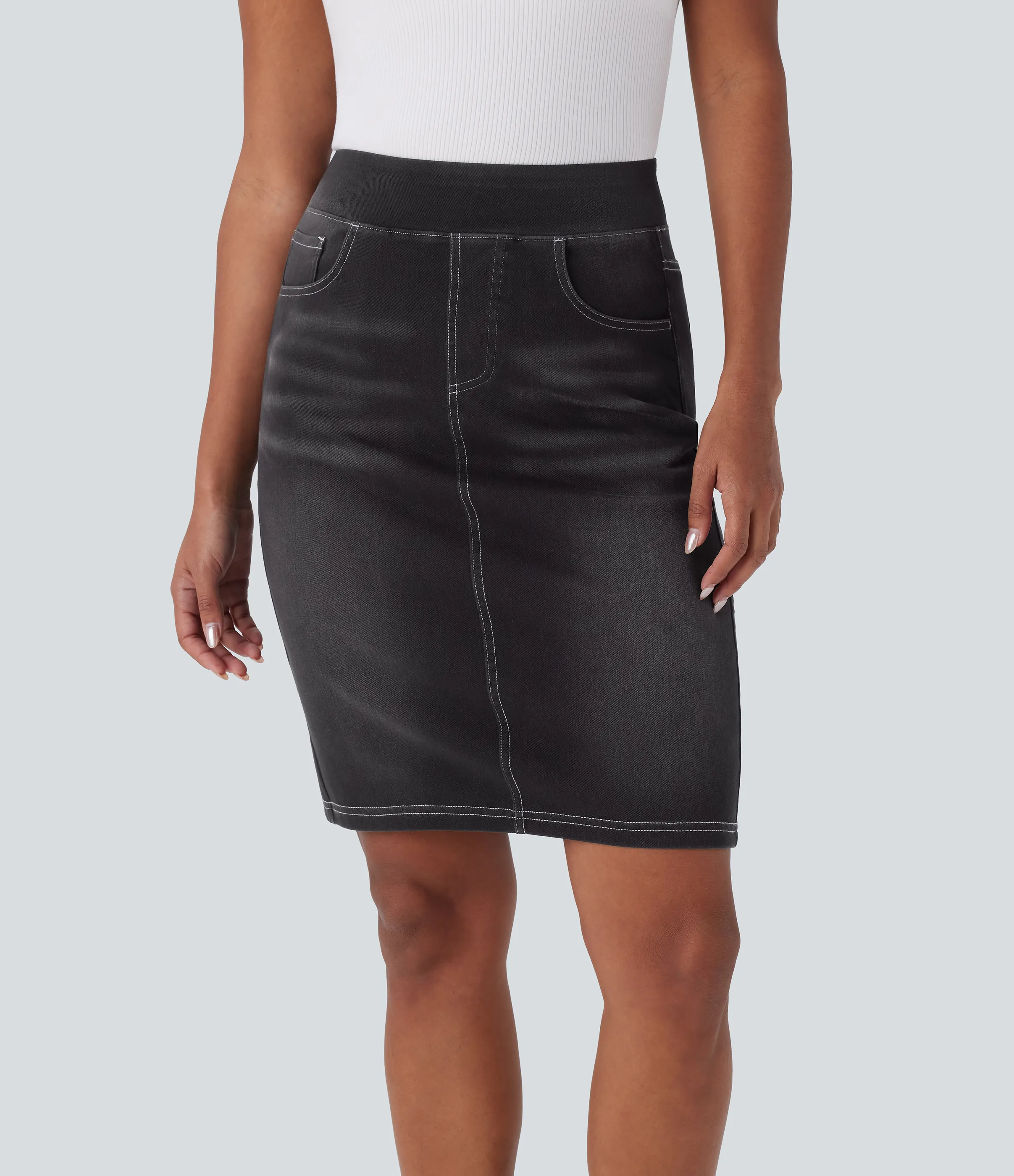 Halara Falda Halara Flex™ Denim mezclilla elástico lavada dividida múltiple bolsillo tiro alto - Carbon Paint Denim - S(regular) sold by Halara