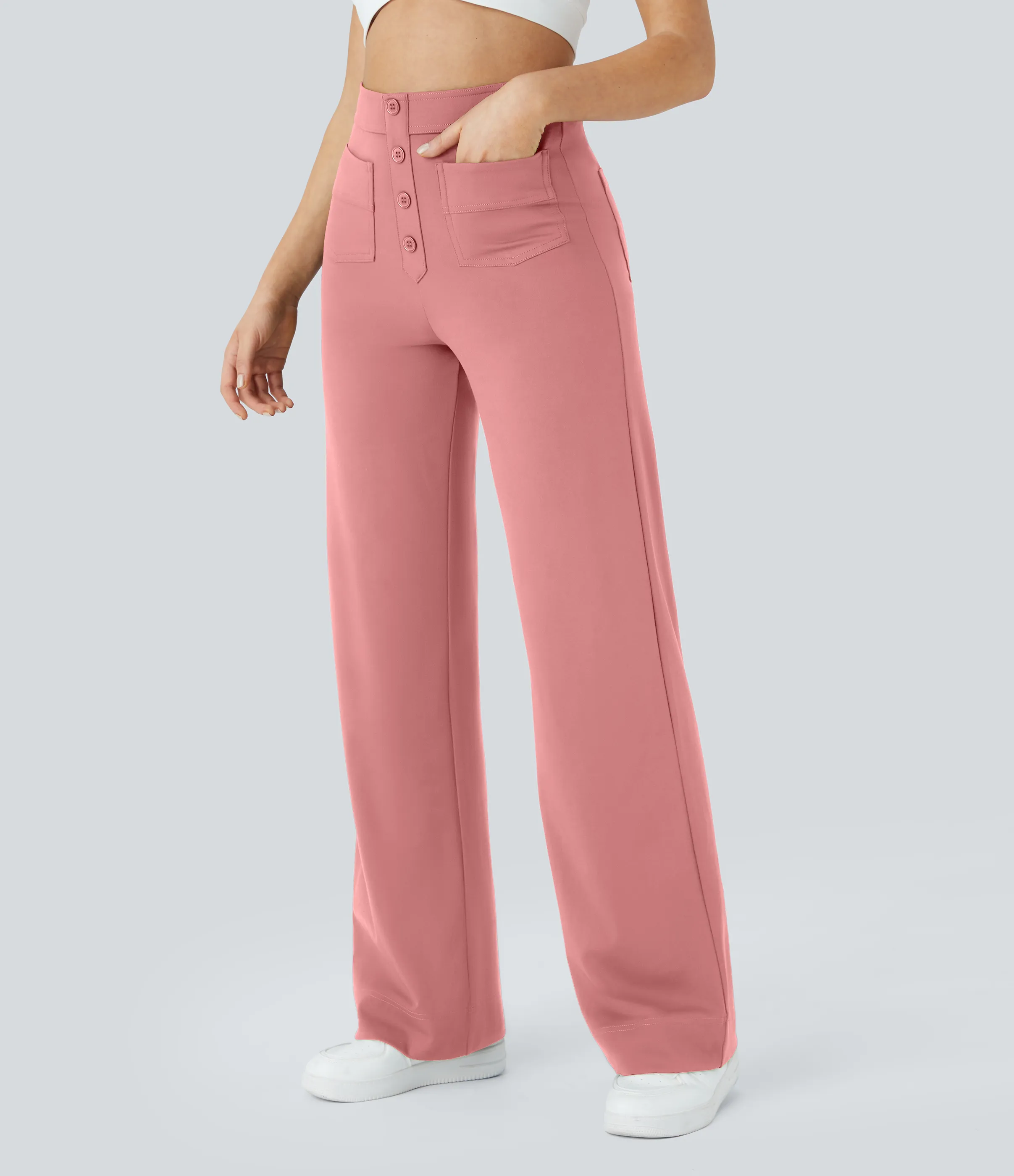 Halara Pantalones pierna recta múltiple bolsillo botón tiro alto - Candy Pink - S(extall) sold by Halara product image thumbnail 4