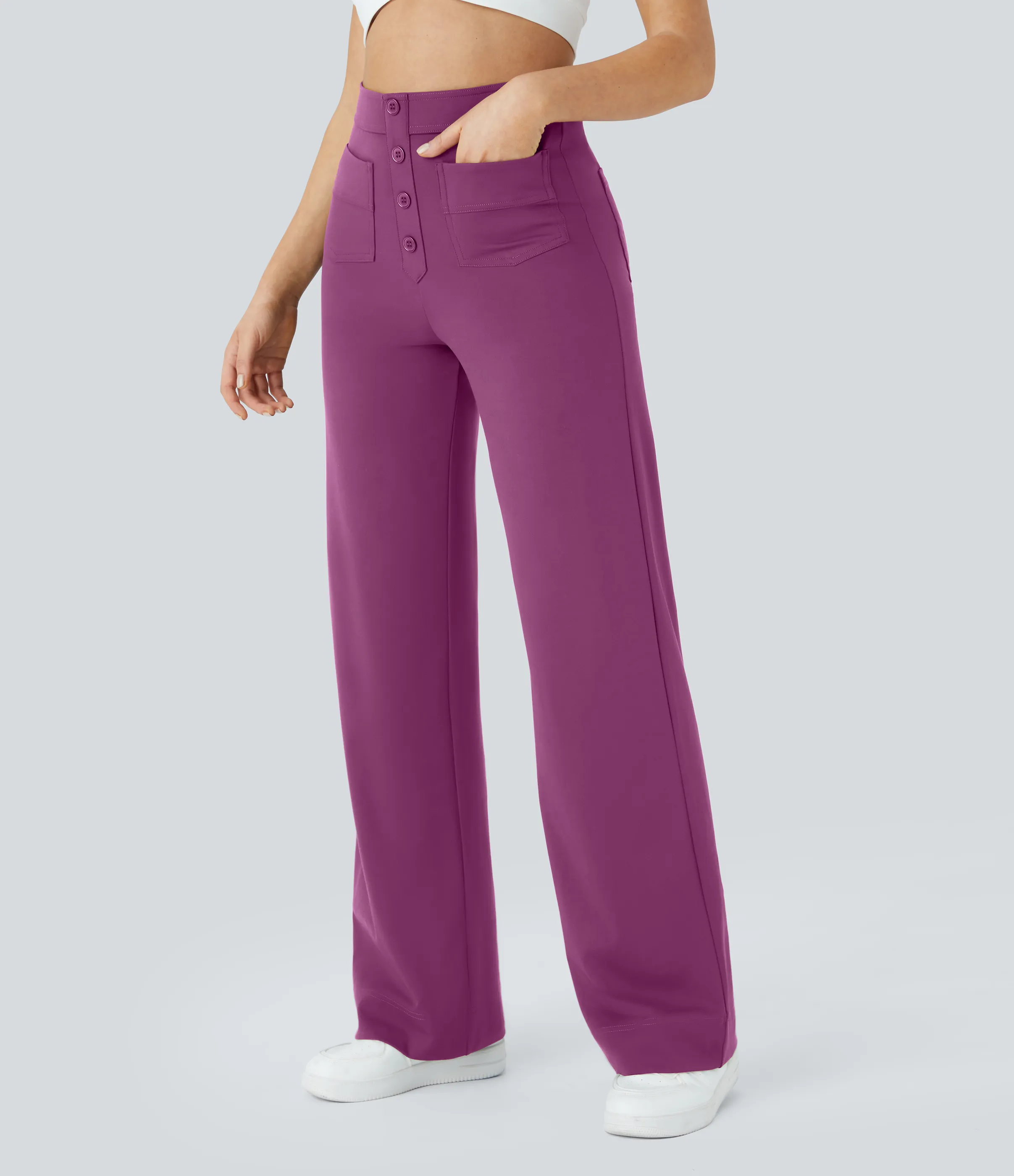 Halara Pantalones pierna recta múltiple bolsillo botón tiro alto - Deep Orchid - M(regular) sold by Halara product image thumbnail 4