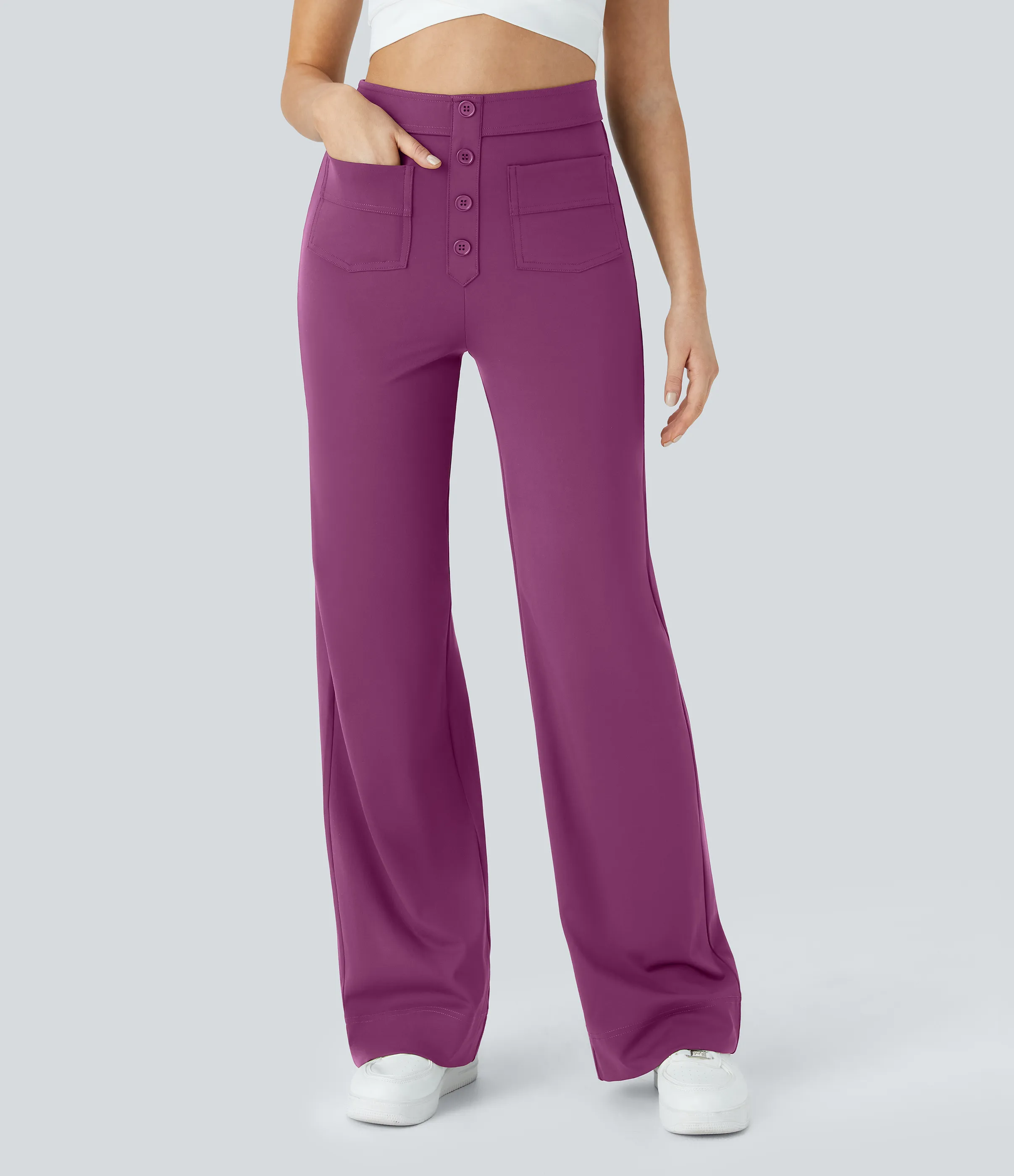 Halara Pantalones pierna recta múltiple bolsillo botón tiro alto - Deep Orchid - M(regular) sold by Halara product image thumbnail 5