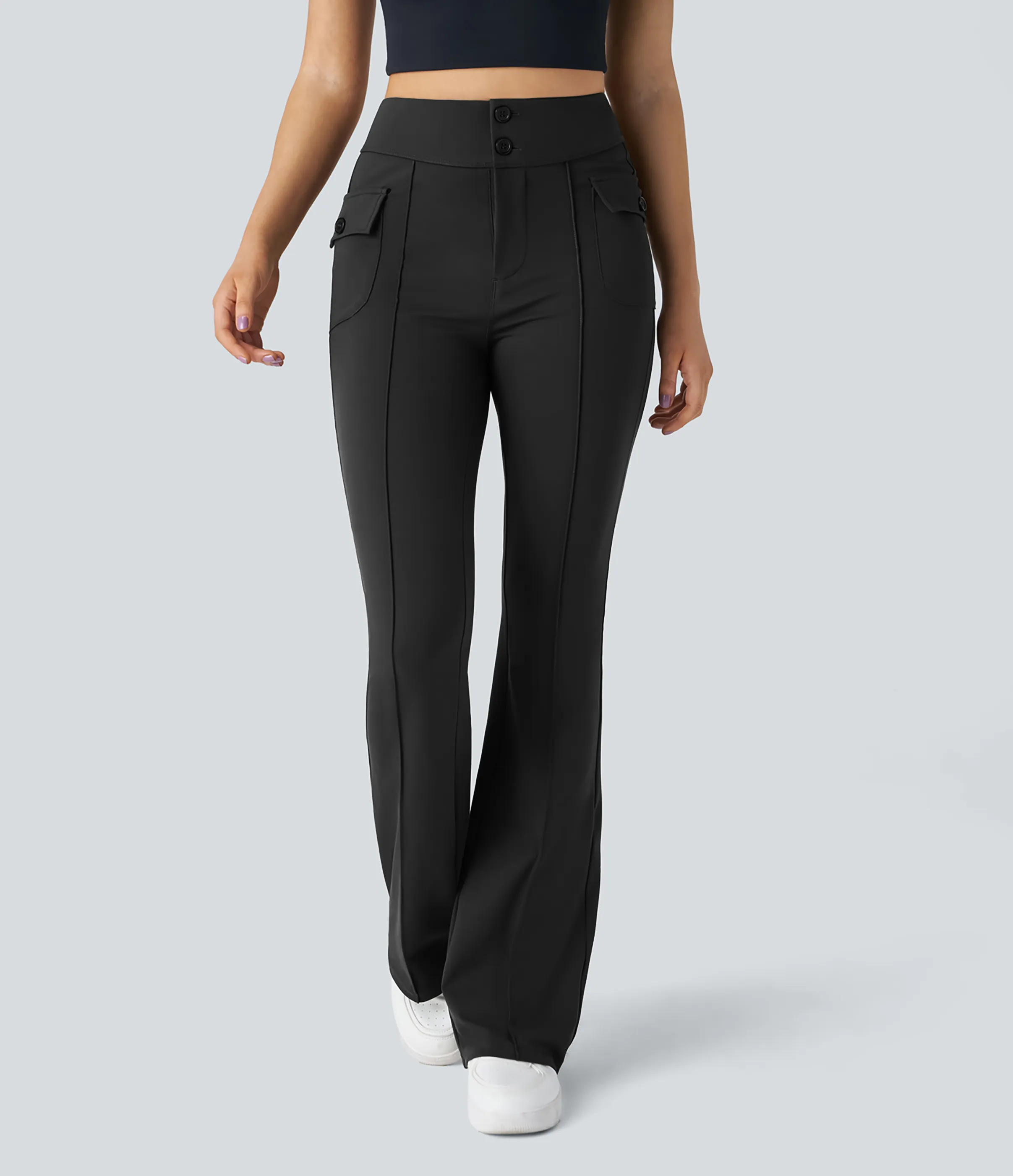 Halara Pantalón cargo acampanado bolsillo solapa lateral botón tiro alto - Black - XS(regular) sold by Halara product image thumbnail 4