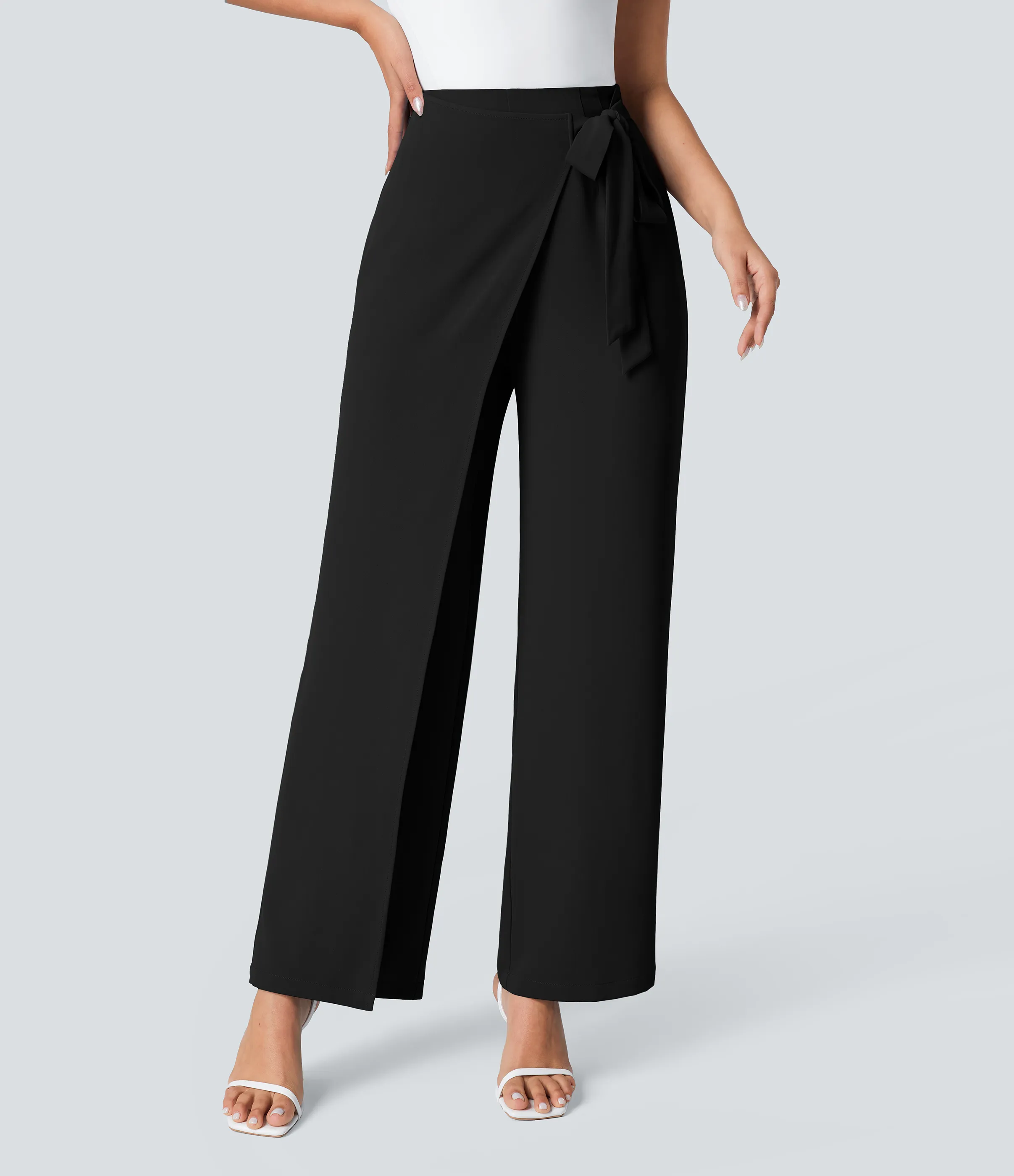 Halara Pantalón oficina pierna ancha cremallera invisible tiro alto lazo lateral - Black - XL(tall) sold by Halara