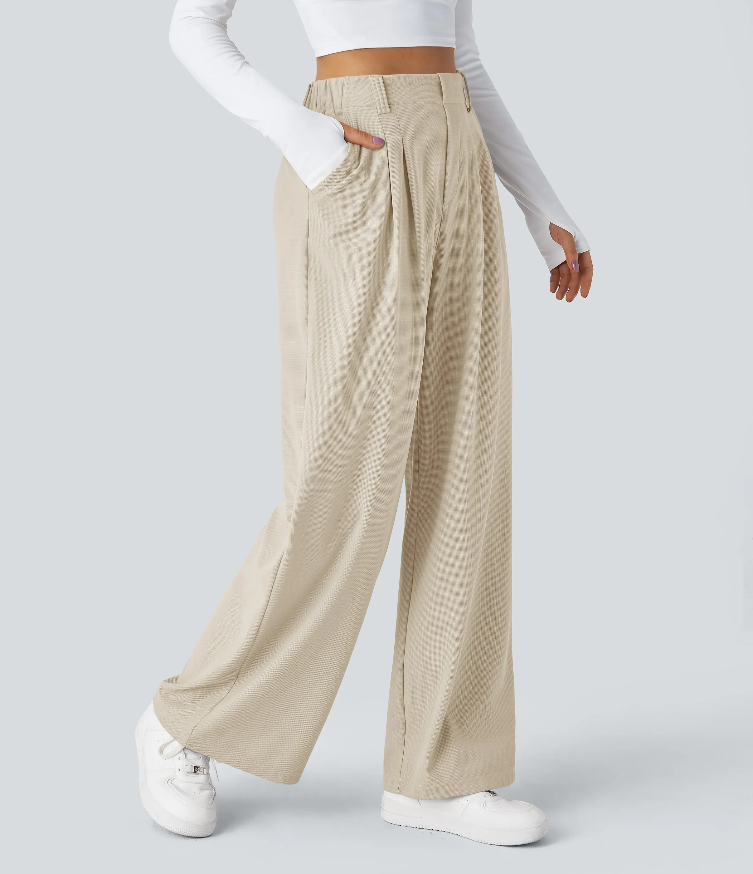 Halara Pantalones Halara Flex™ de oficina anchos plisados de tiro alto con bolsillos en tela tipo gofre - Oat Milk - XL(regular) sold by Halara product image thumbnail 2