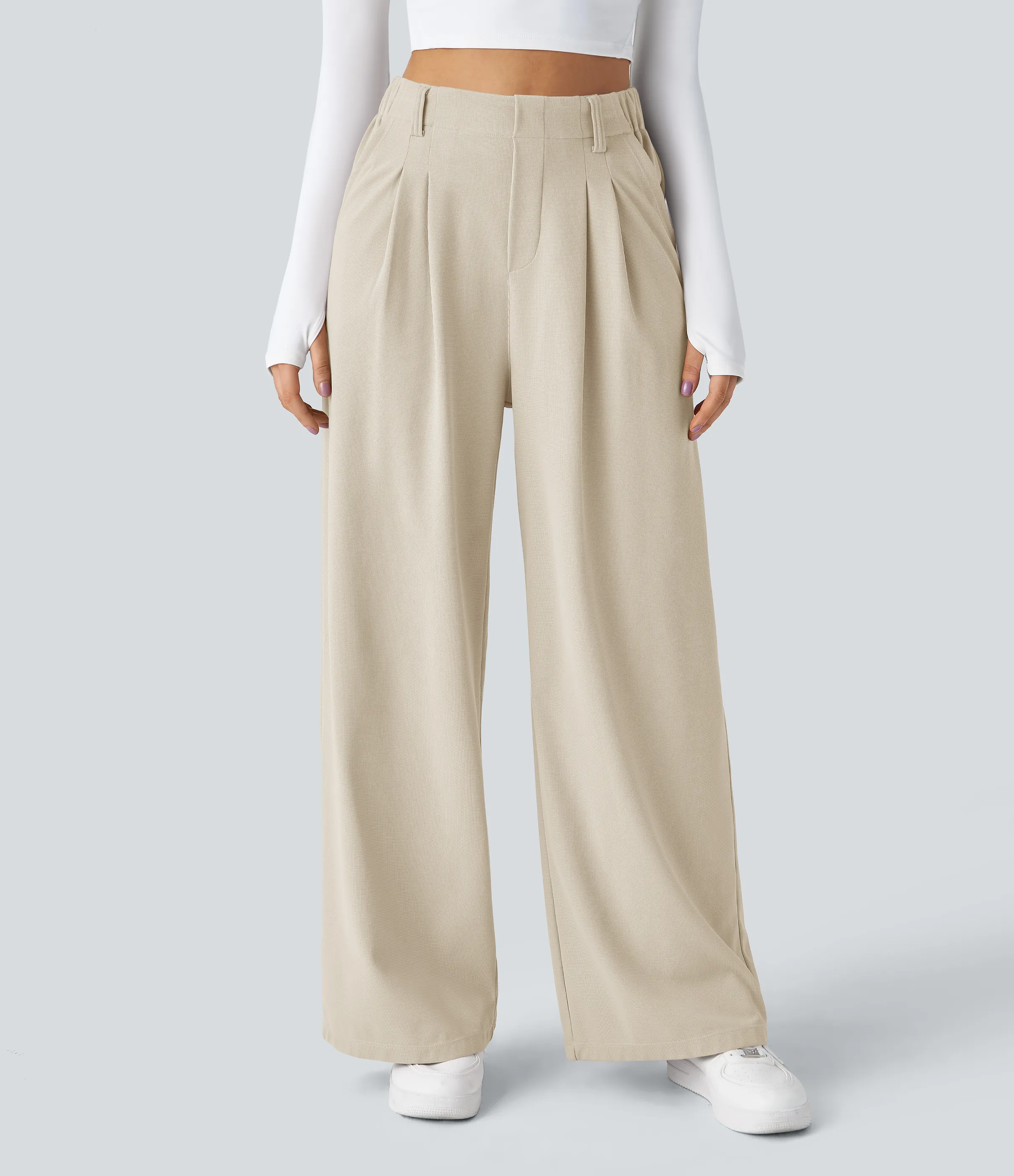 Halara Pantalones Halara Flex™ de oficina anchos plisados de tiro alto con bolsillos en tela tipo gofre - Oat Milk - XL(regular) sold by Halara product image thumbnail 4