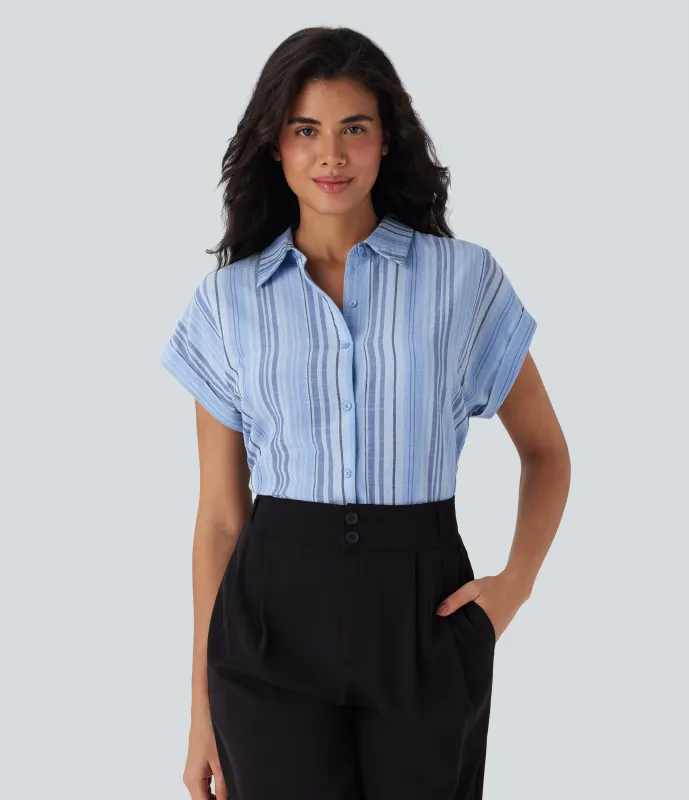 Halara Camisa de lino de oficina a rayas de manga corta con cuello y botones - Bohemia Yarn Dye Blue Stripe - XS sold by Halara