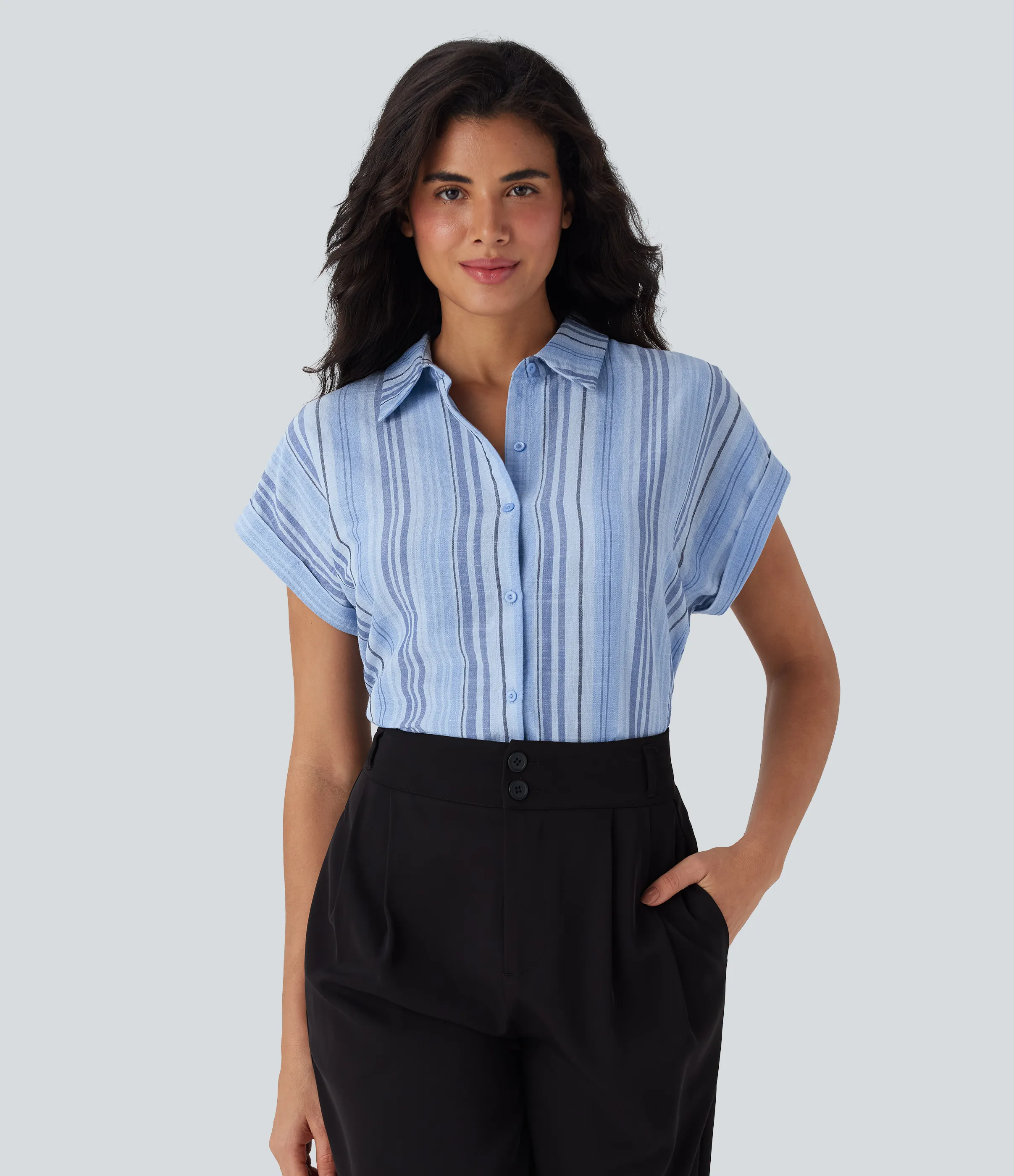 Halara Camisa de lino de oficina a rayas de manga corta con cuello y botones - Bohemia Yarn Dye Blue Stripe - XS sold by Halara product image thumbnail 2