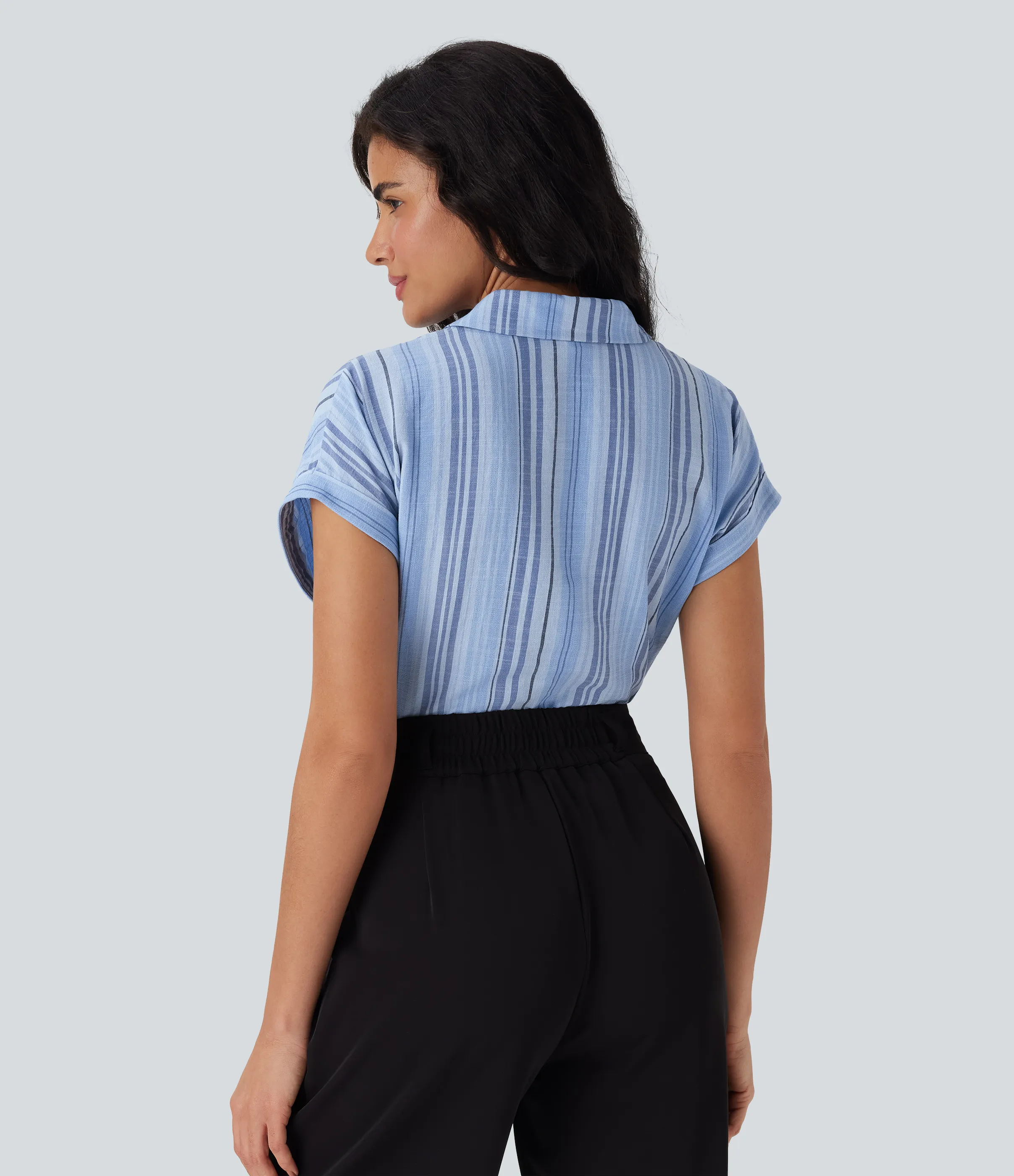 Halara Camisa de lino de oficina a rayas de manga corta con cuello y botones - Bohemia Yarn Dye Blue Stripe - XS sold by Halara product image thumbnail 3