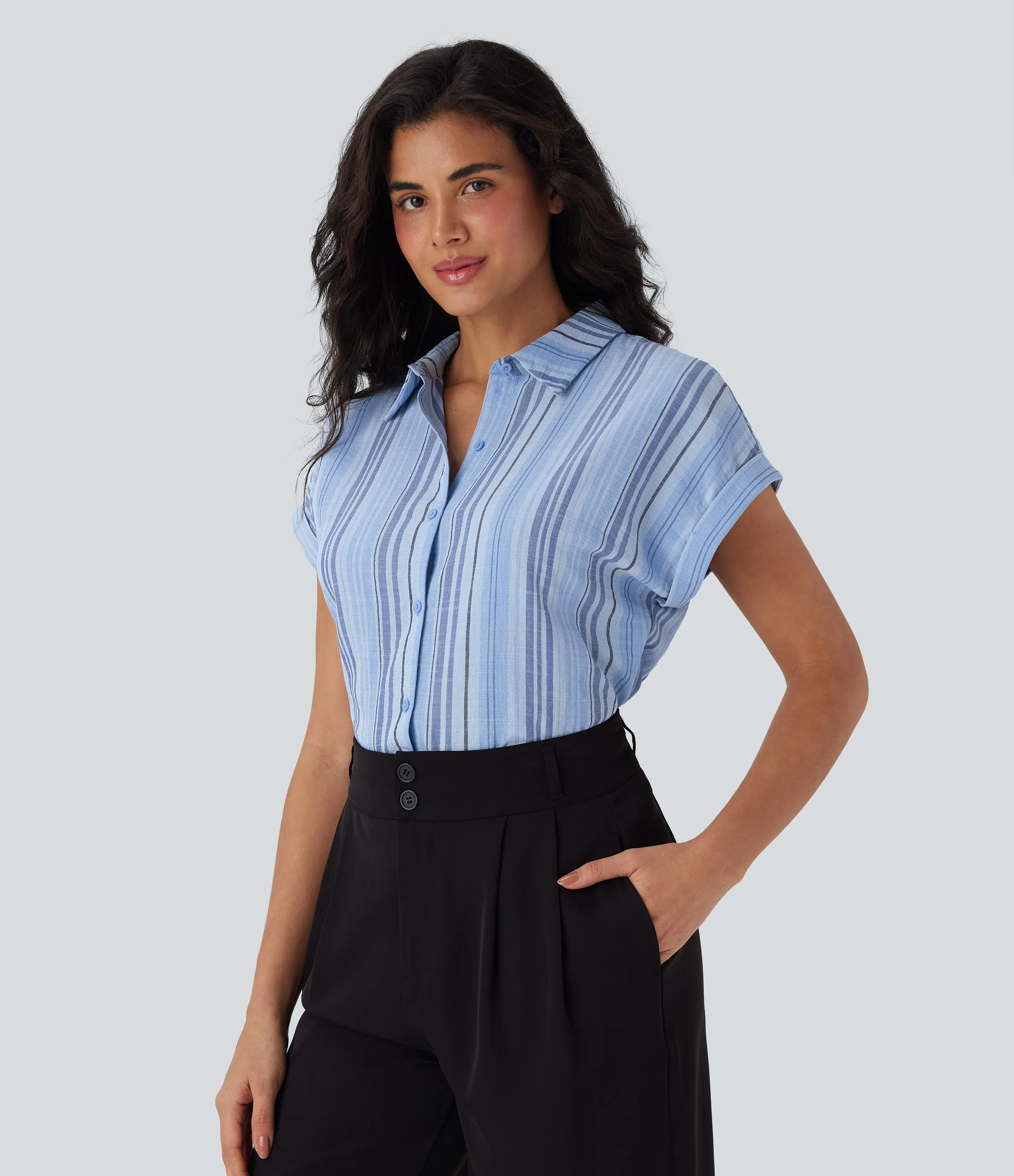 Halara Camisa de lino de oficina a rayas de manga corta con cuello y botones - Bohemia Yarn Dye Blue Stripe - XS sold by Halara product image thumbnail 4