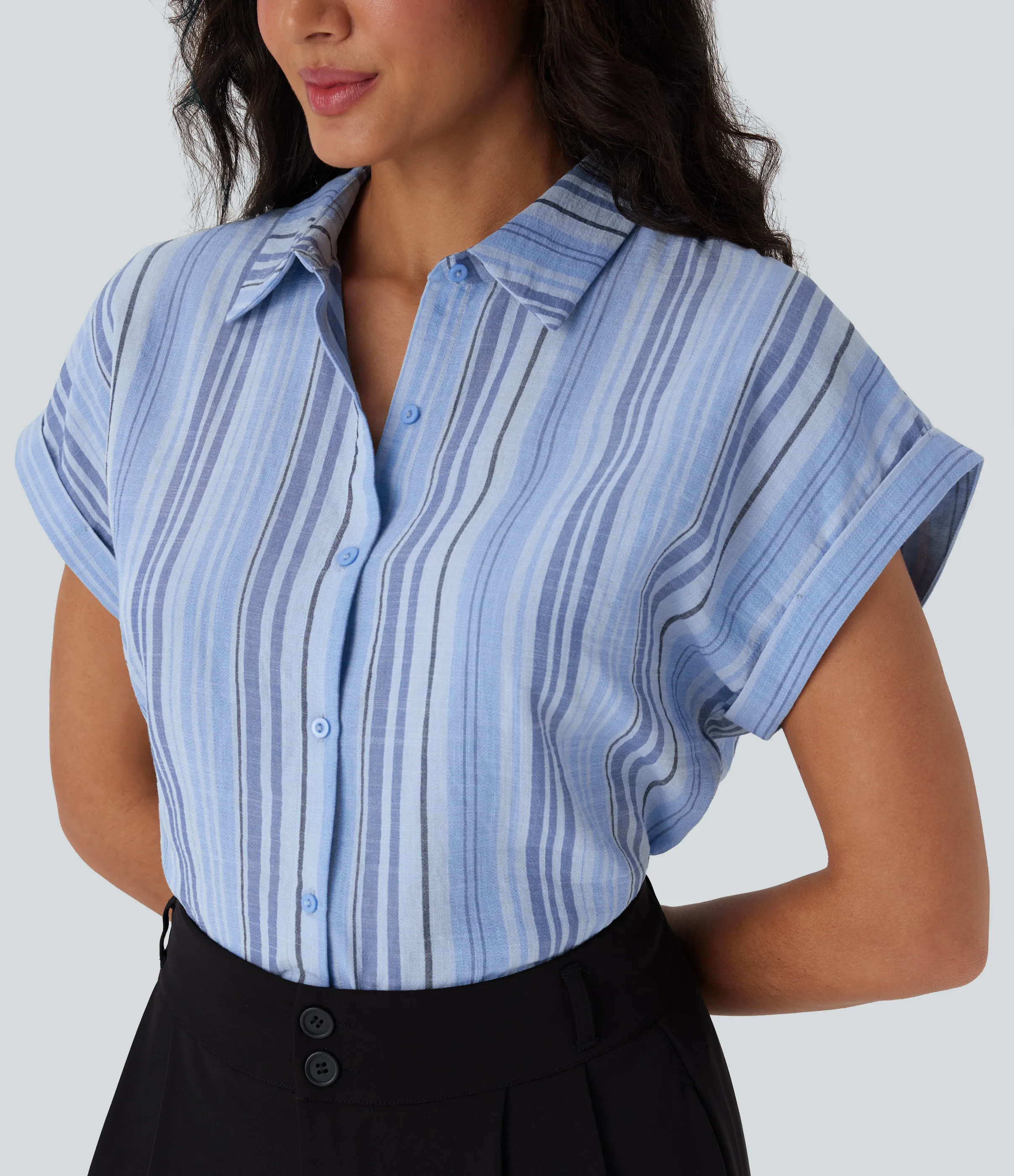 Halara Camisa de lino de oficina a rayas de manga corta con cuello y botones - Bohemia Yarn Dye Blue Stripe - XS sold by Halara product image thumbnail 5