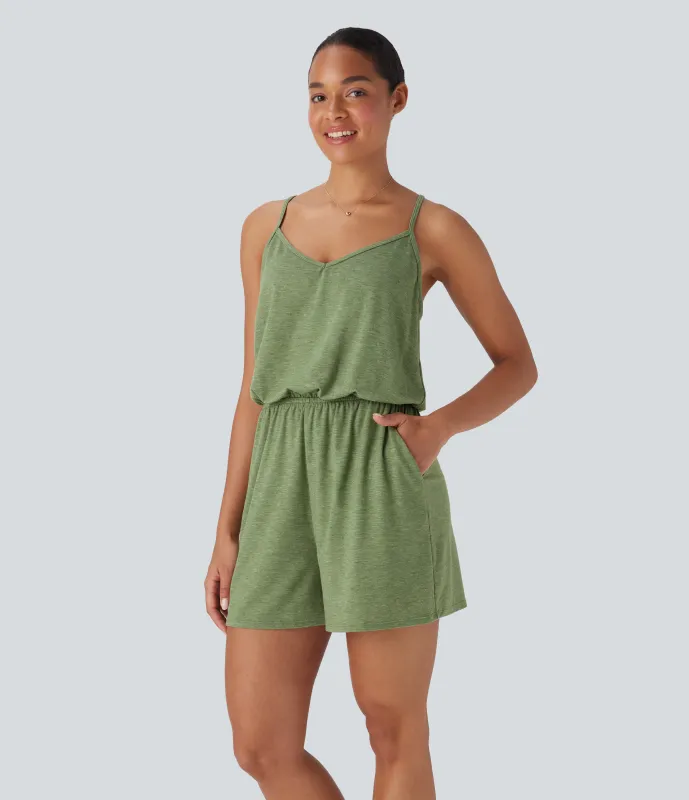 Halara Mono relajado ancho con tirantes ajustables y bolsillos - Light Green Floral Yarn - XL sold by Halara