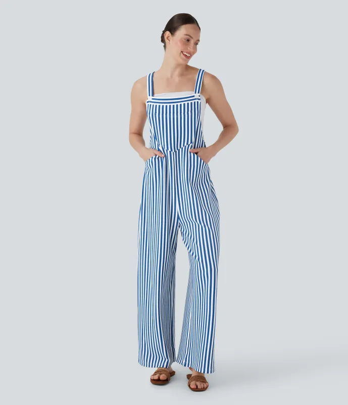 Halara Overol resort gofre raya múltiple bolsillo botón correa ajustable - Cerulean Stripes - L(regular) sold by Halara