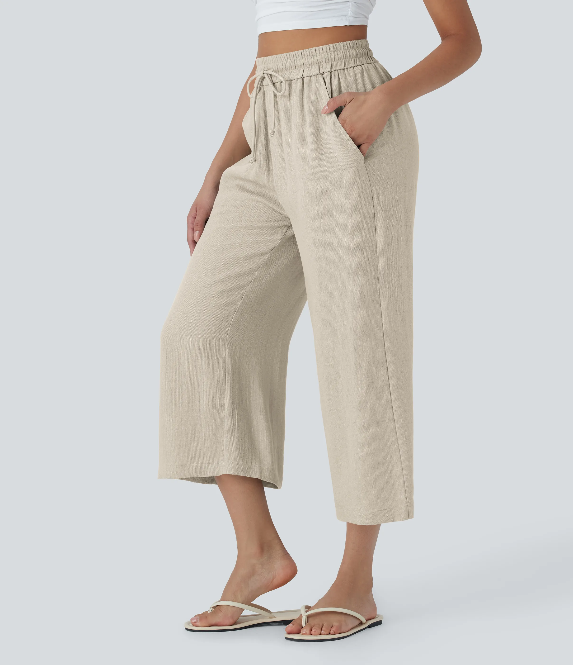 Halara Pantalón lino tiro alto cordón ajustable pierna ancha bolsillo lateral - Whisper White - XS(regular) sold by Halara product image thumbnail 4