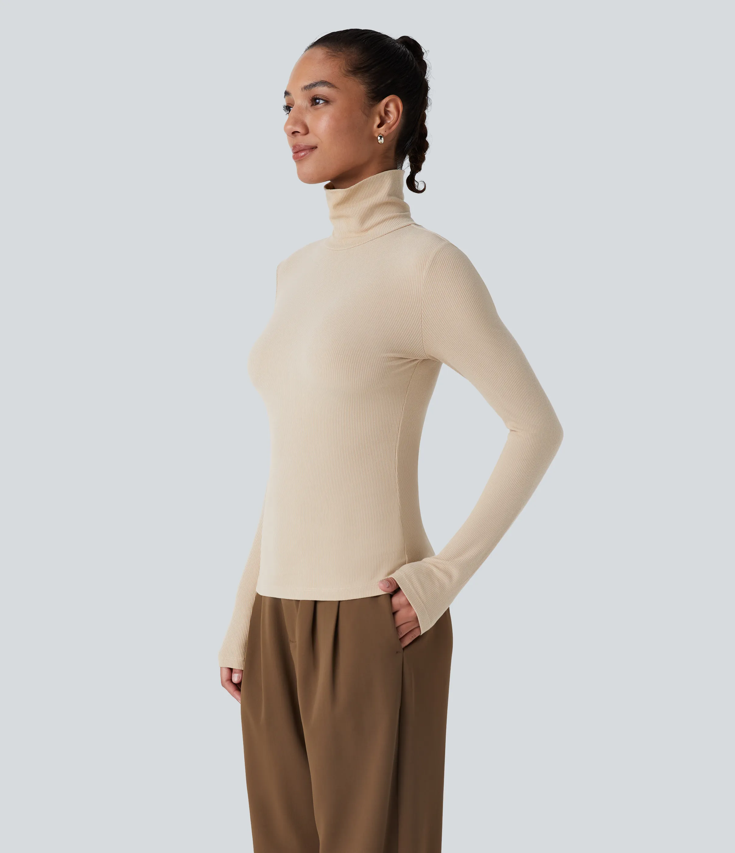 Halara Top casual de manga larga con cuello alto de punto acanalado - Tapioca - M sold by Halara product image thumbnail 5