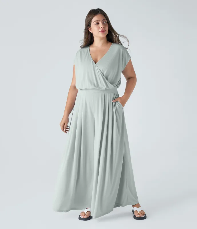 Halara Mono talla grande cuello V manga corta bolsillo lateral plisado pierna ancha gofre fluido - Frost Clear Haze - 1X sold by Halara