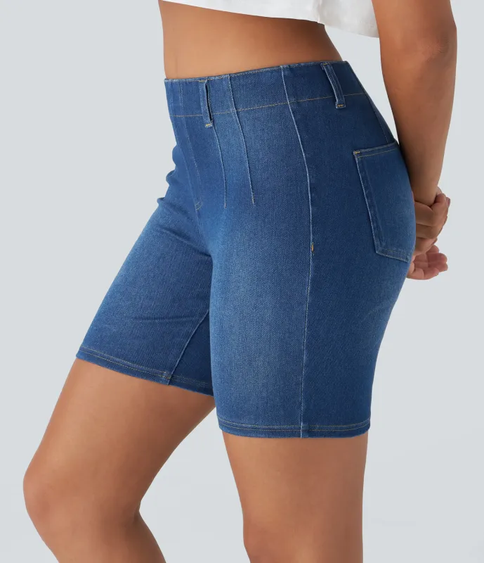 Halara Pantalón corto Halara Flex™ Denim elástico lavado tacto fresco ajustado bolsillo trasero tiro medio - Stream Floating Denim - L(regular) sold by Halara
