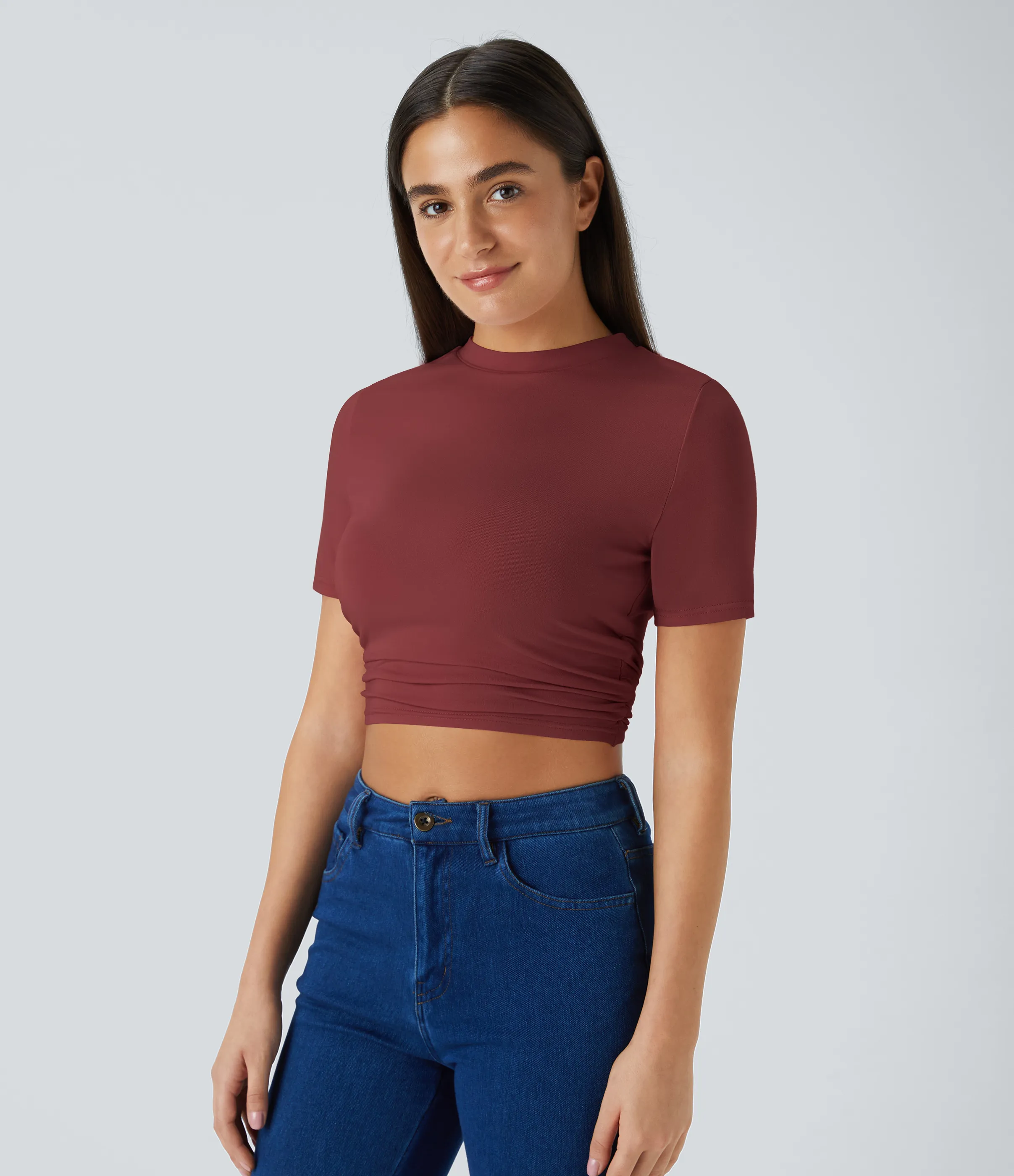 Halara Camiseta recortada ajustada pliegue manga corta cuello redondo - New Maroon - M sold by Halara product image thumbnail 4