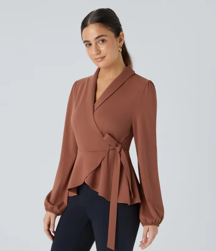 Halara Blusa oficina cuello chal lazo lateral cruzado dobladillo volante - Maple Syrup - XL sold by Halara