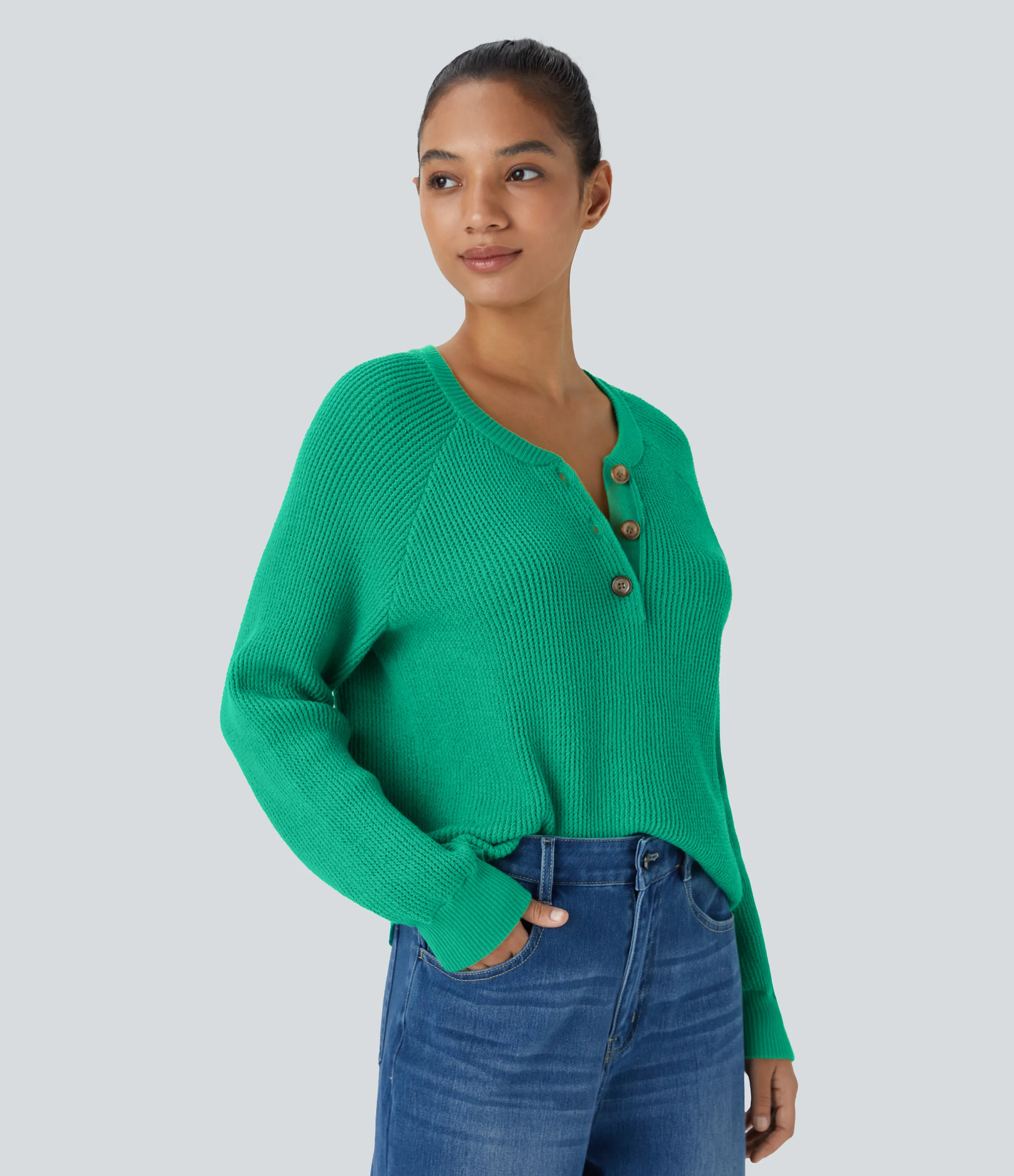 Halara Suéter manga larga botón delantera cuello redondo - Mint Leaf - S sold by Halara product image thumbnail 4