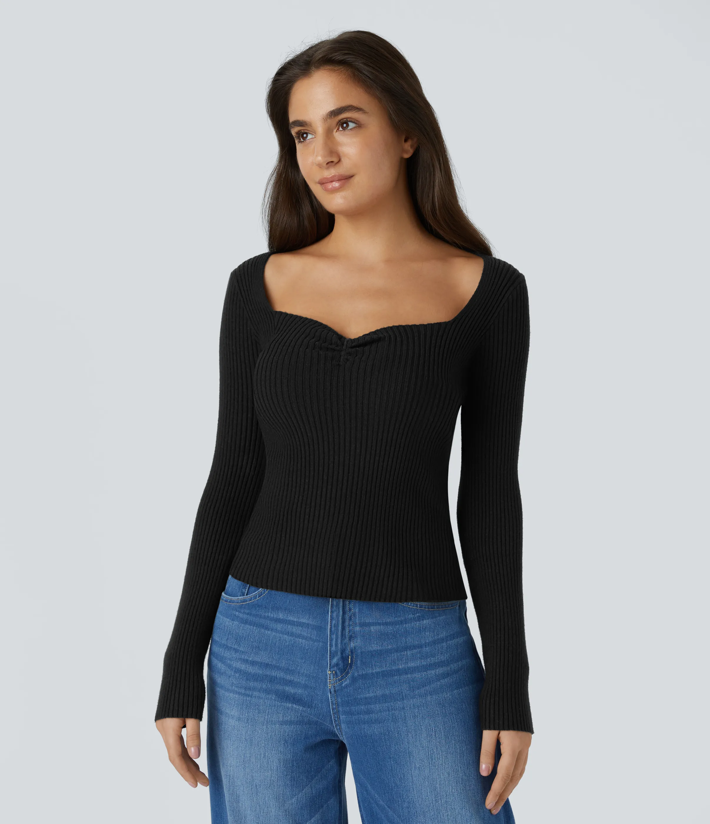 Halara Suéter ajustado manga larga cuello corazón - Black - XS sold by Halara product image thumbnail 4