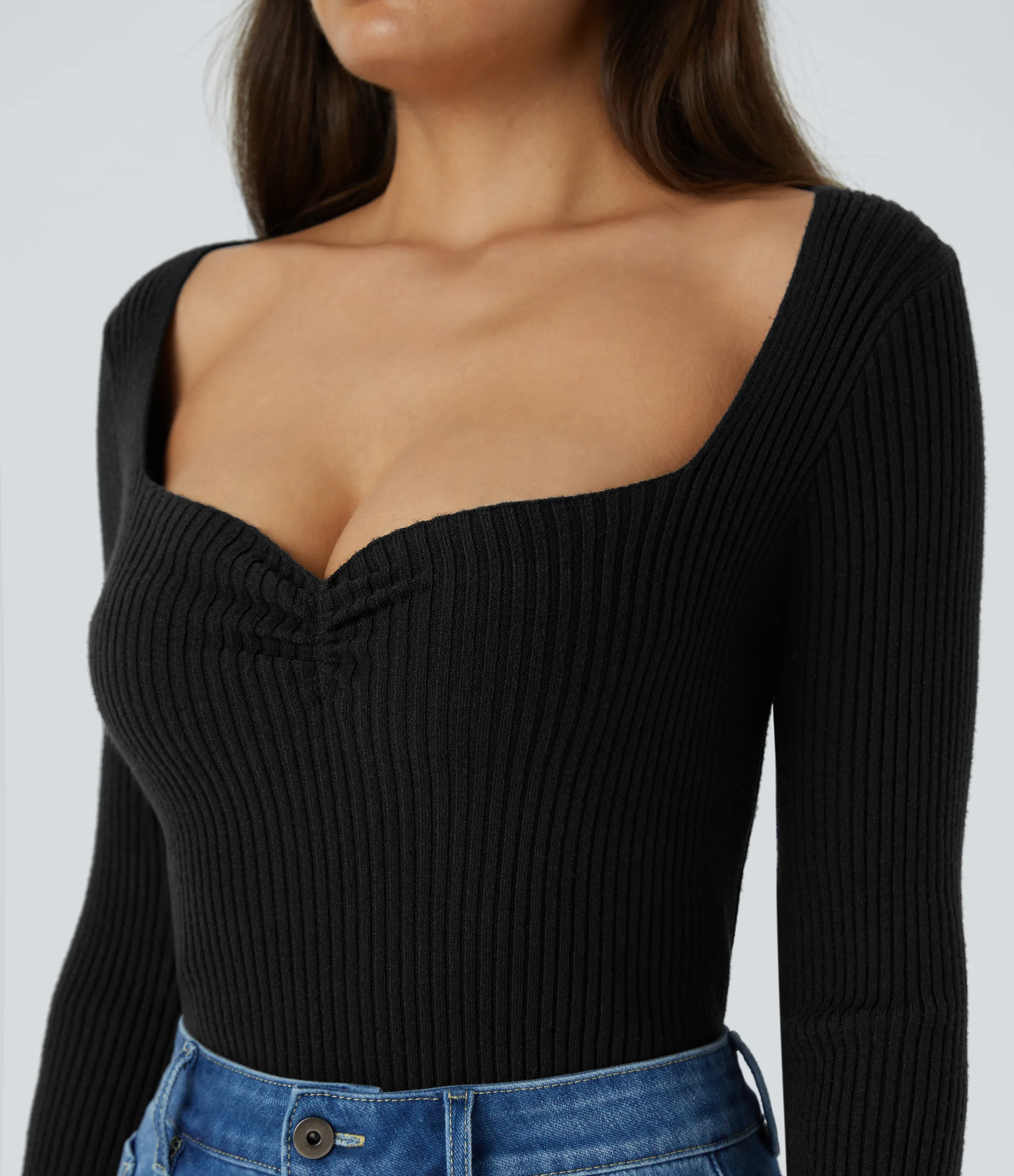 Halara Suéter ajustado manga larga cuello corazón - Black - XS sold by Halara product image thumbnail 5