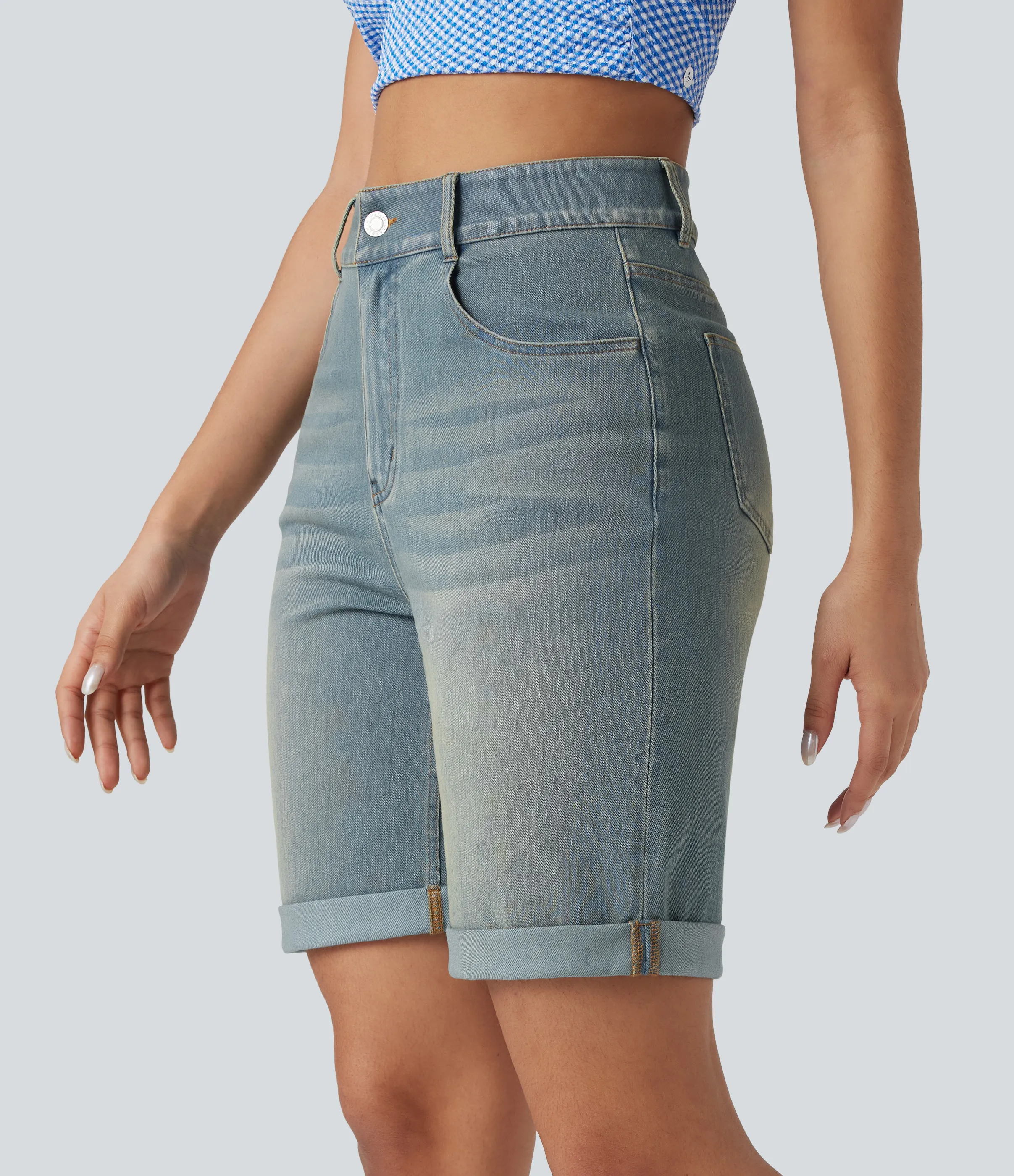 Halara Bermudas Halara Flex™ Denim mezclilla elástico lavado dobladillo enrollado múltiple bolsillo tiro alto - Blue Surf Denim - XS(regular) sold by Halara product image thumbnail 4