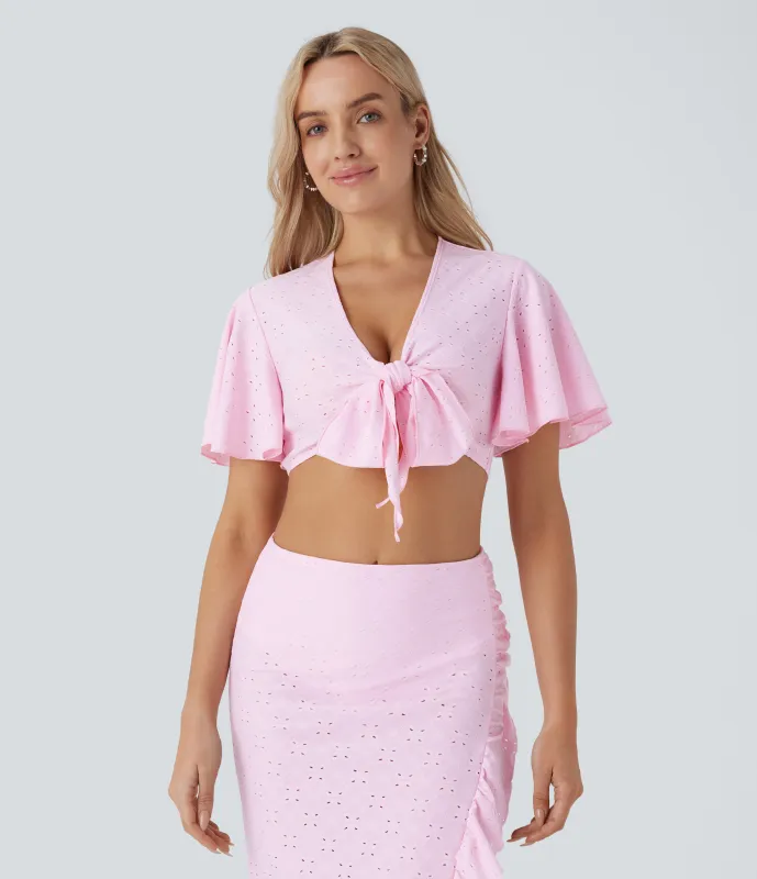 Halara Top corto cuello V lazo delantera manga corta bordado ojal - Tickled Pink - XL made by Halara