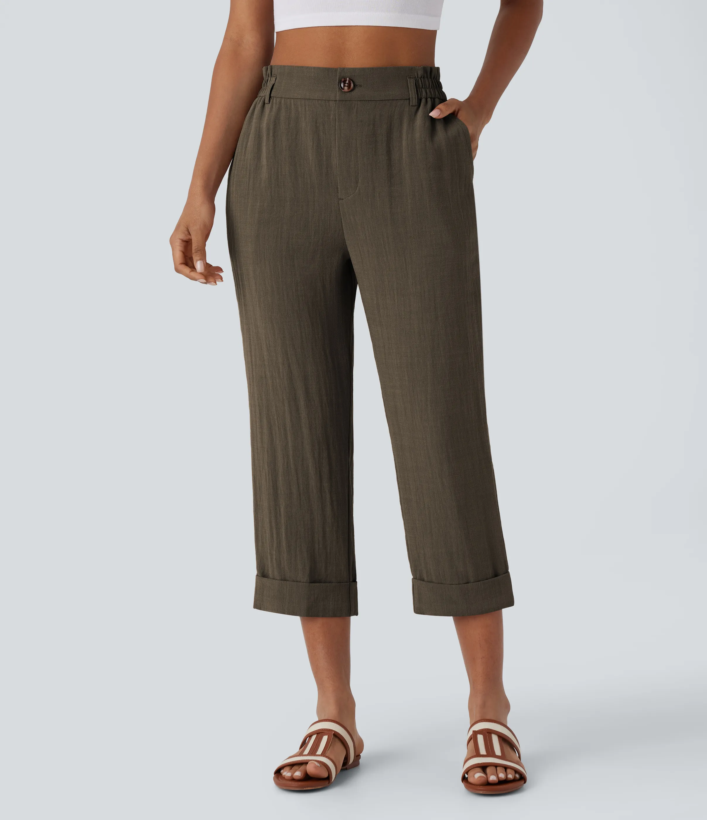 Halara Pantalón capri lino tiro alto bolsillo lateral cremallera botón - Dark Earthy Brown - XS(regular) sold by Halara product image thumbnail 4