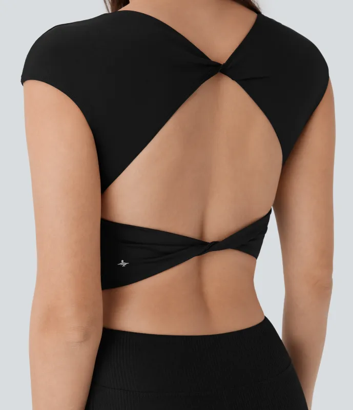 Halara Camiseta Softlyzero™ Airy yoga sin espalda manga corta retorcida ajustada tacto fresco - UPF 50+ - Black - XL sold by Halara