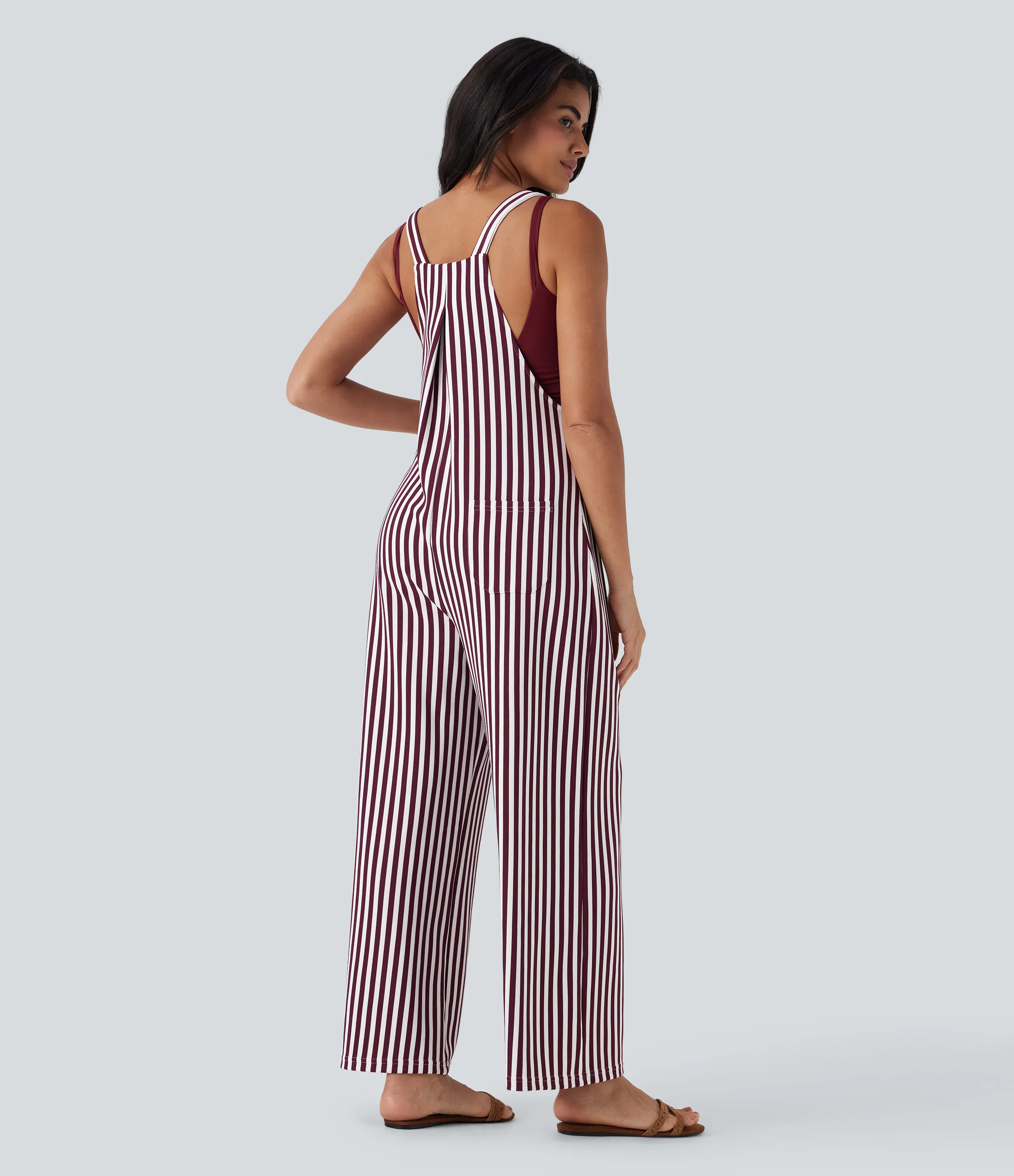 Halara Overol resort gofre raya múltiple bolsillo botón correa ajustable - Wine Stripe - S(regular) sold by Halara product image thumbnail 3
